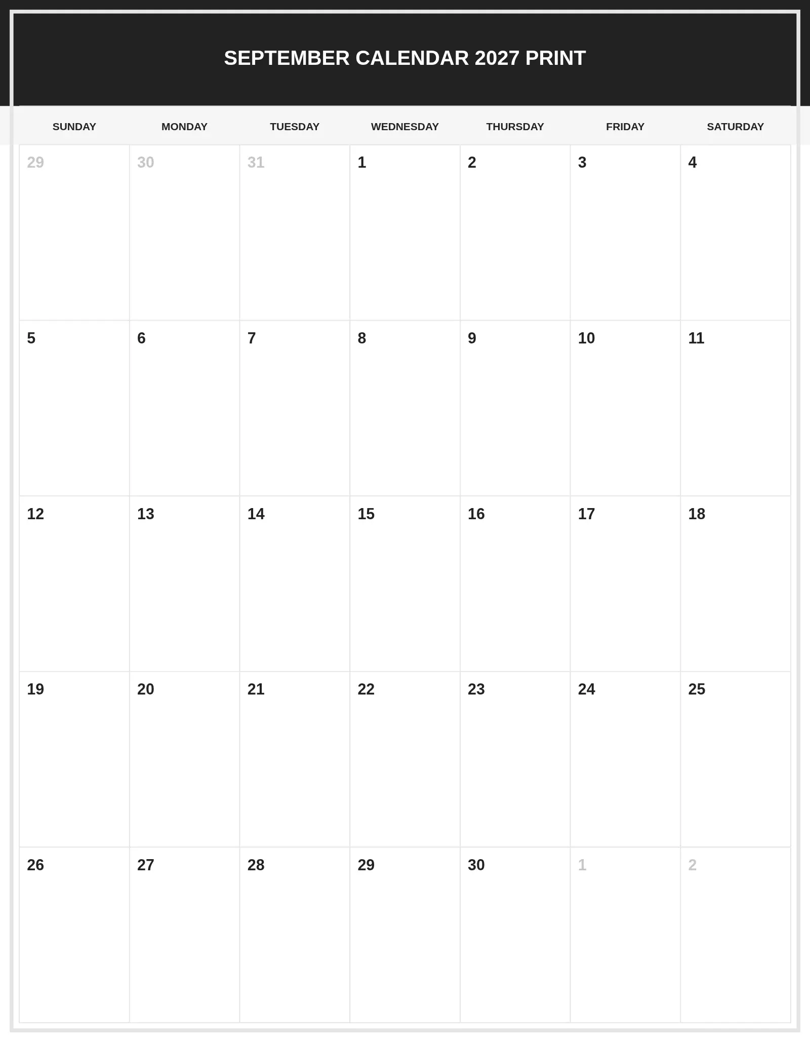 September Calendar 2027 Print With Portrait Template