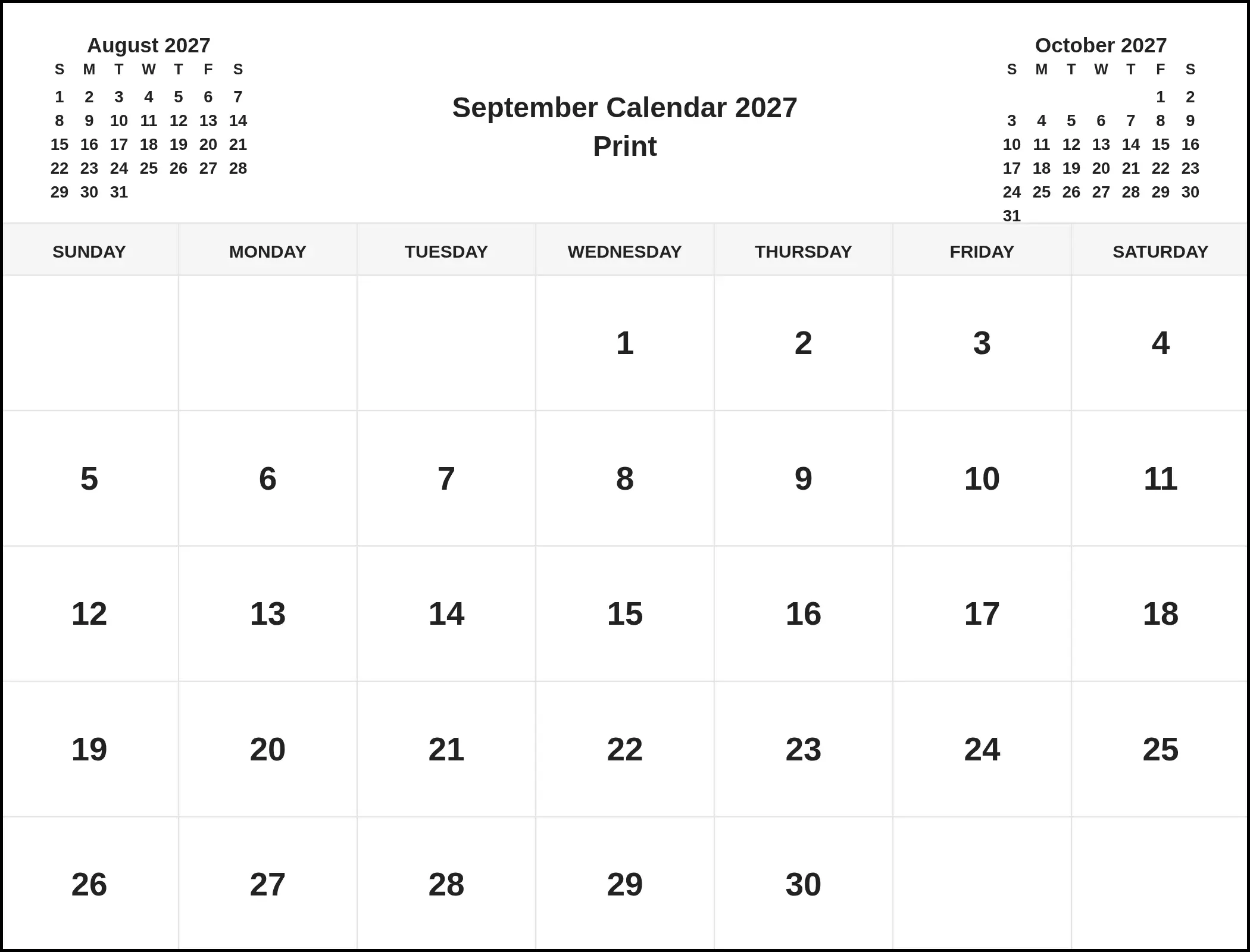 September Calendar 2027 Print With Three Month View