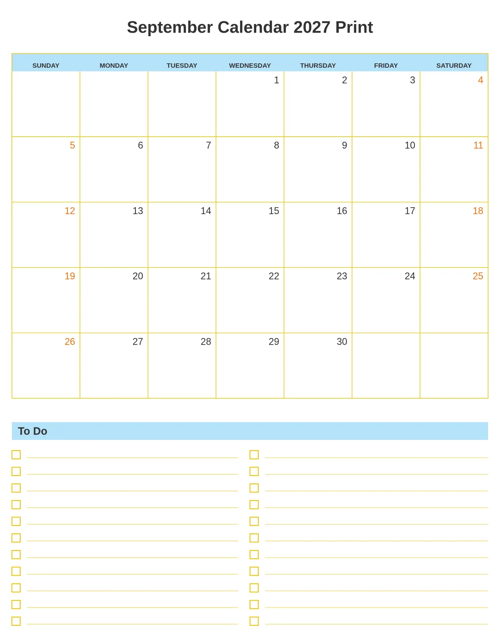 September Calendar 2027 Print With To Do List Bottom Portrait