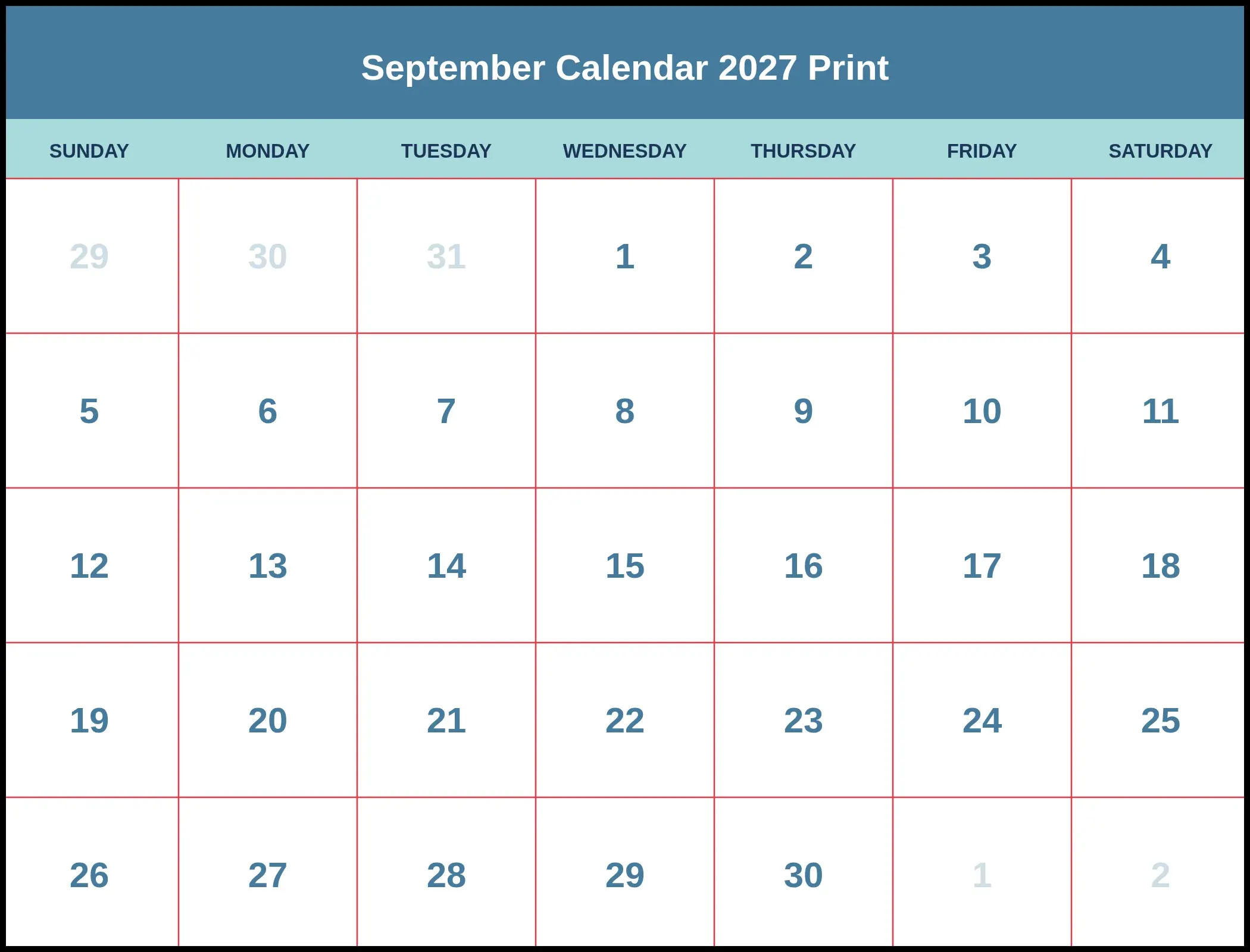 September Calendar 2027 Print