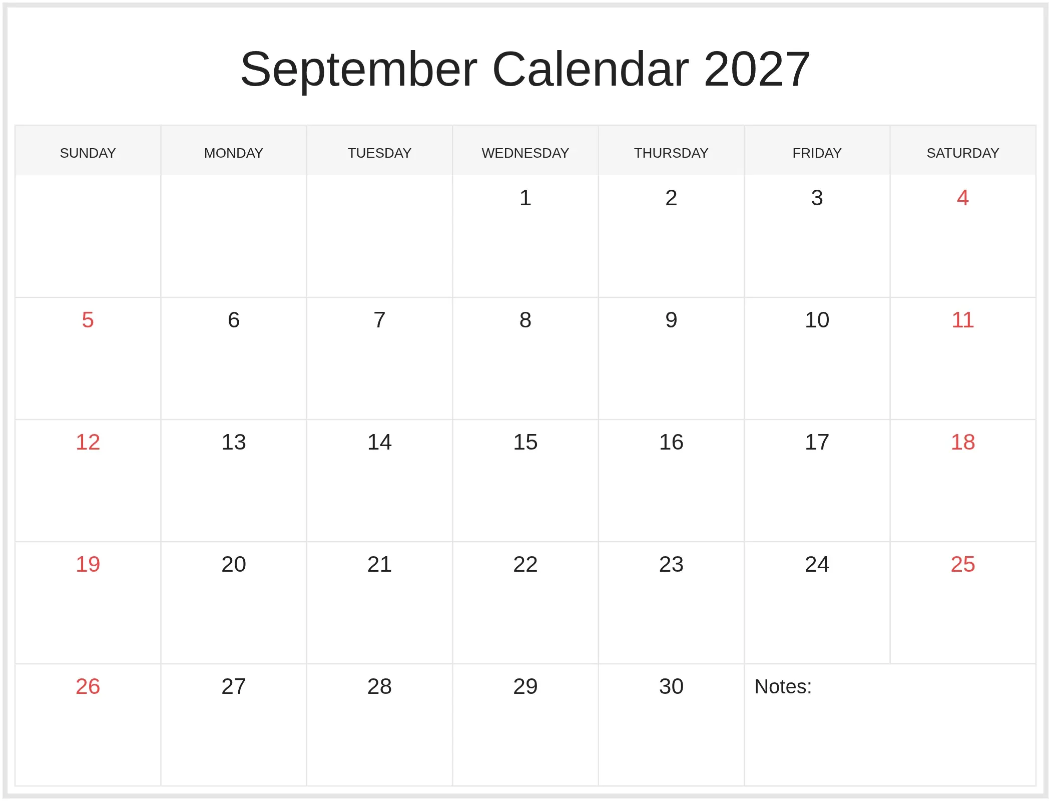 September Calendar 2027 with Notes Bottom Landscape