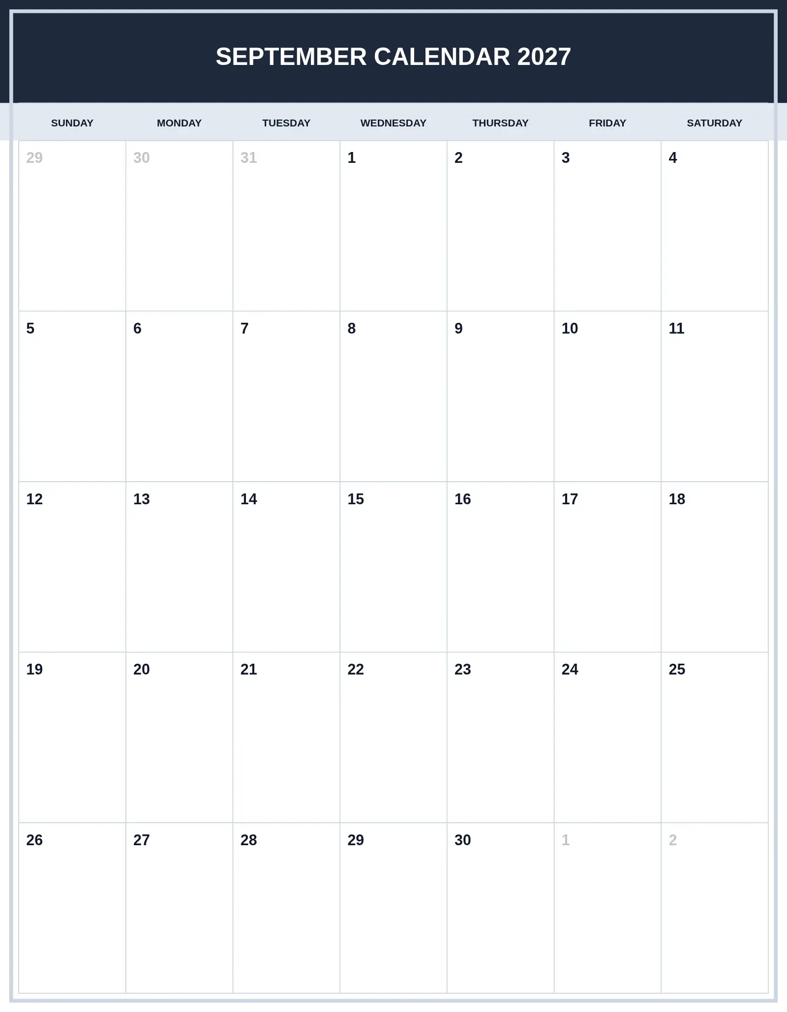 September Calendar 2027 With Portrait Template