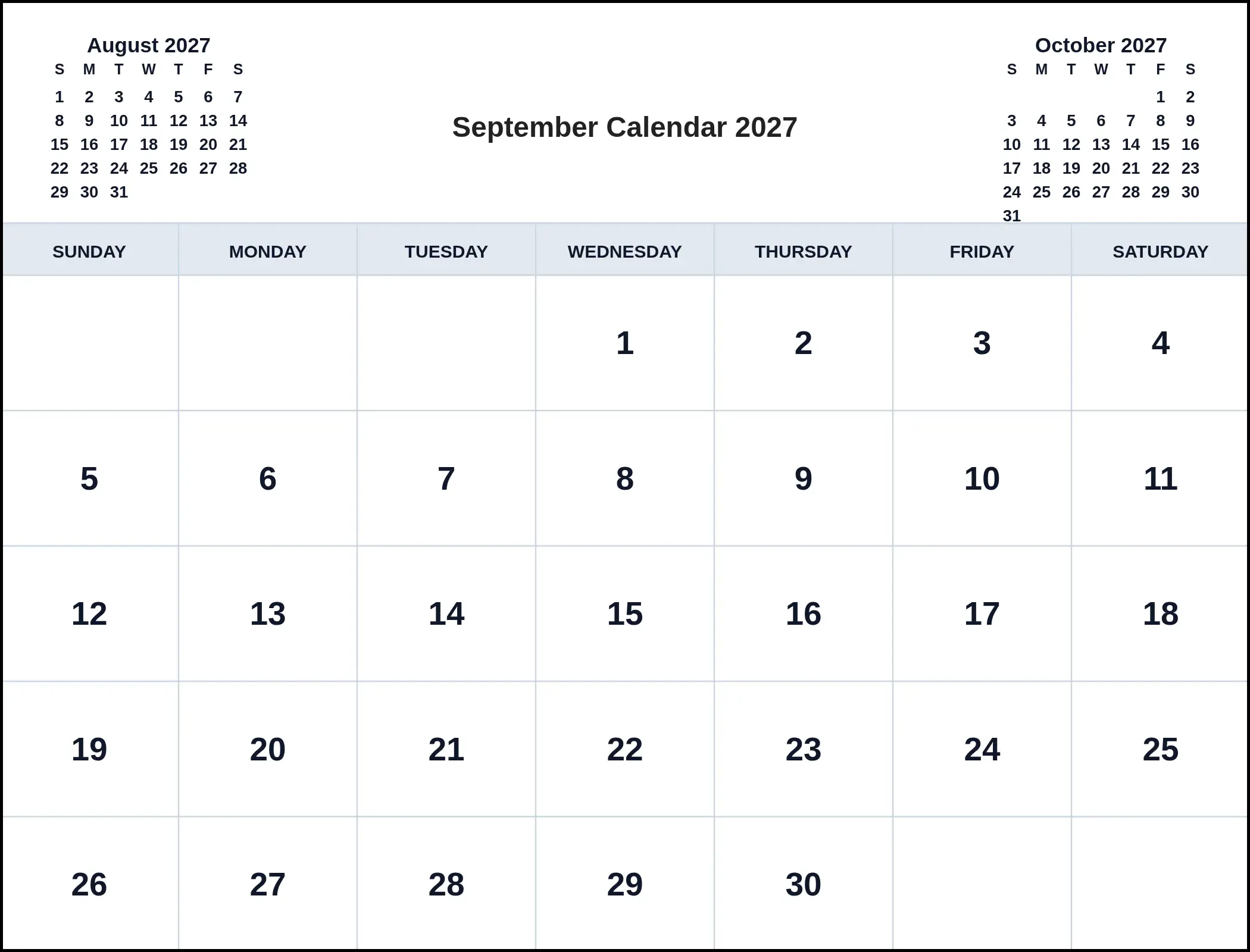 September Calendar 2027 With Three Month View