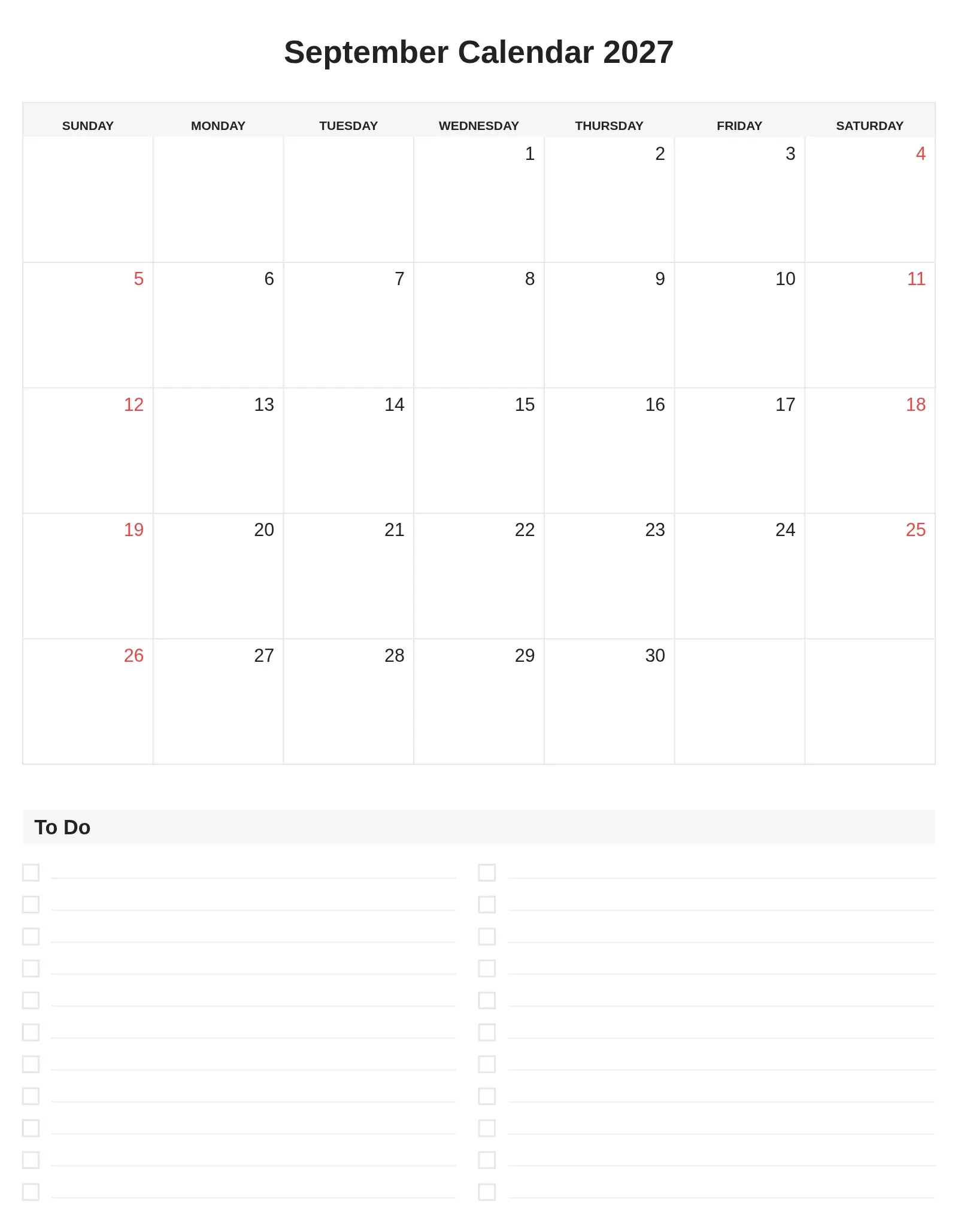 September Calendar 2027 With To Do List Bottom Portrait September Calendar 2027 With To Do List Bottom Portrait