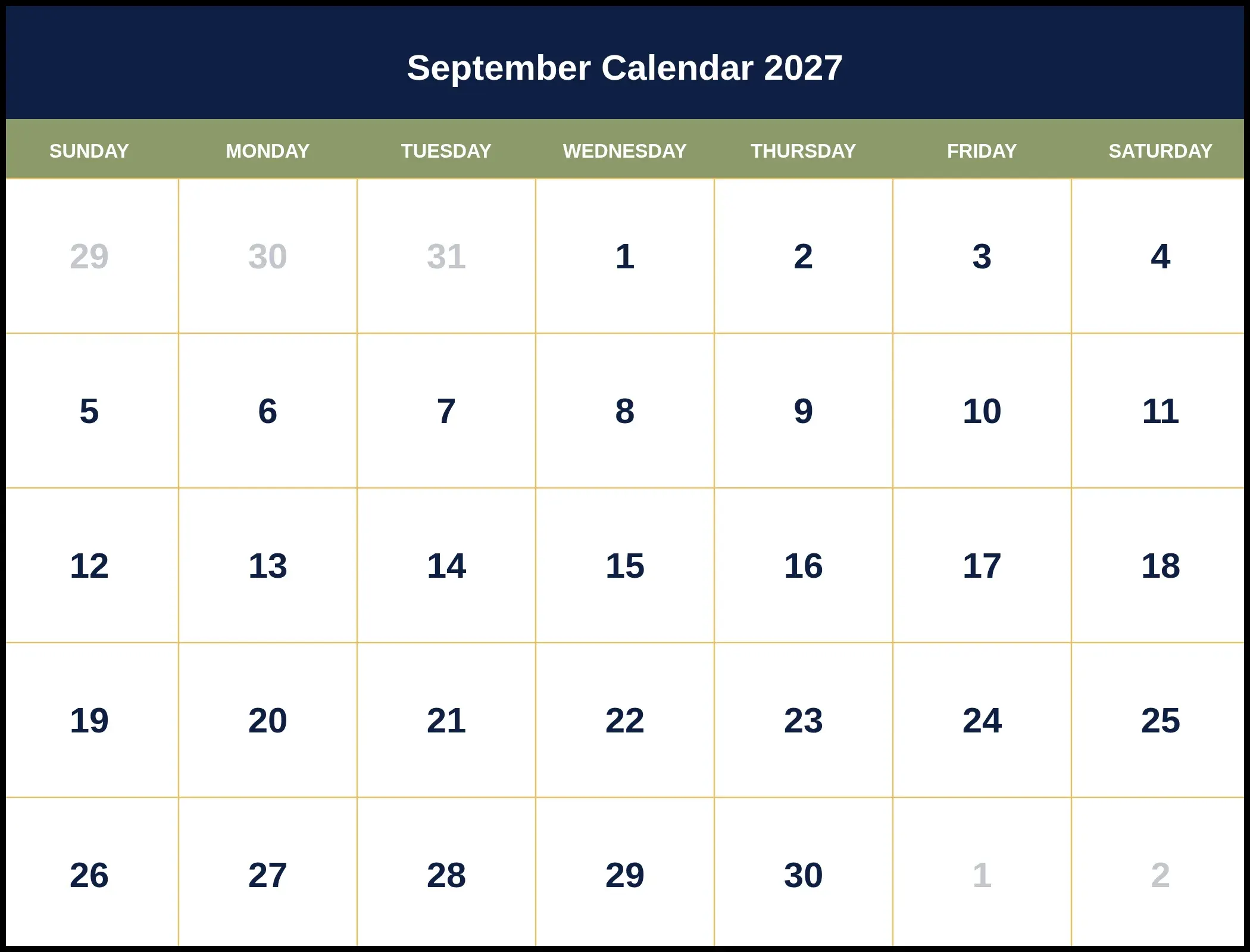 September Calendar 2027 September Calendar 2027