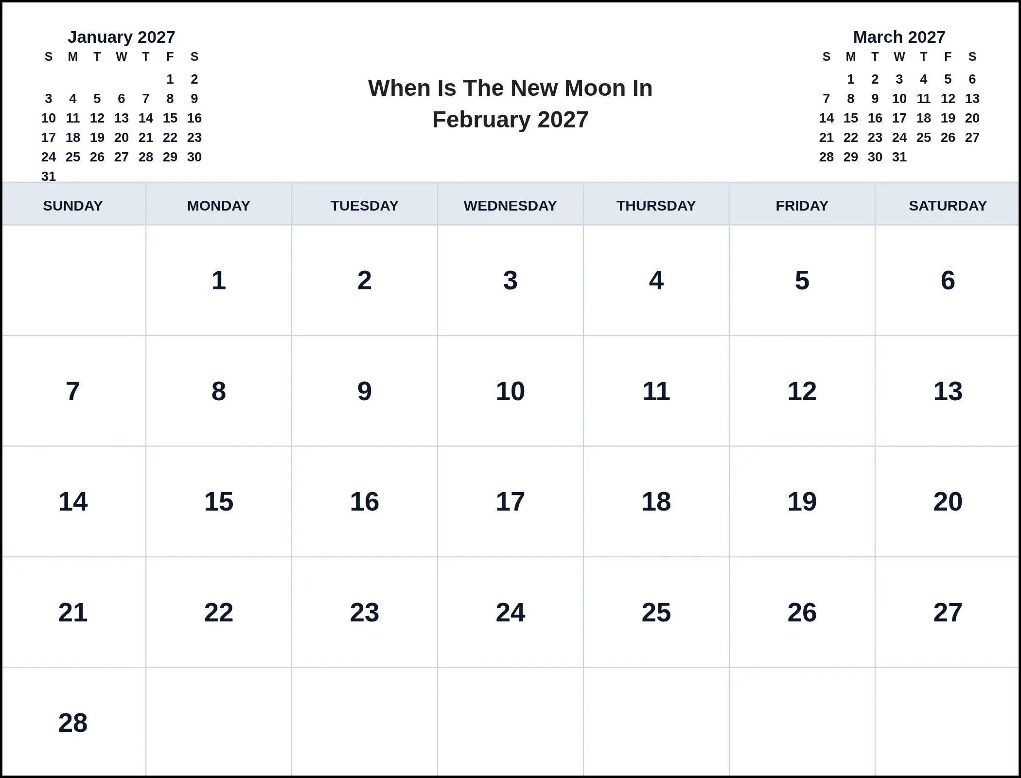 When Is The New Moon In February 2027 With Three Month View