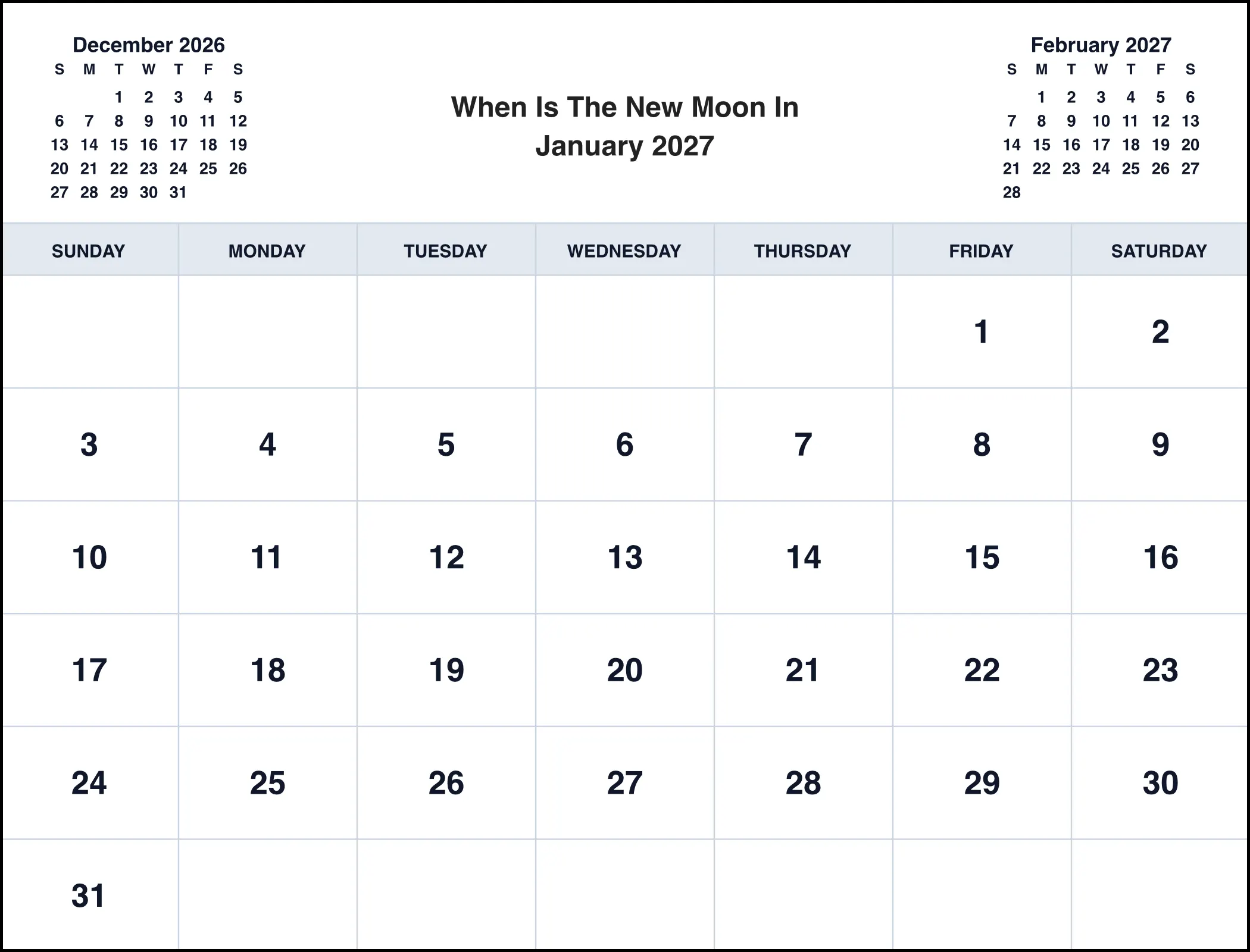 When Is The New Moon In January 2027 With Three Month View When Is The New Moon In January 2027 With Three Month View