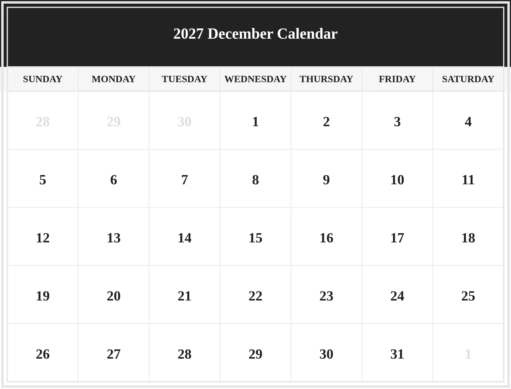 2027 December Calendar Download Landscape