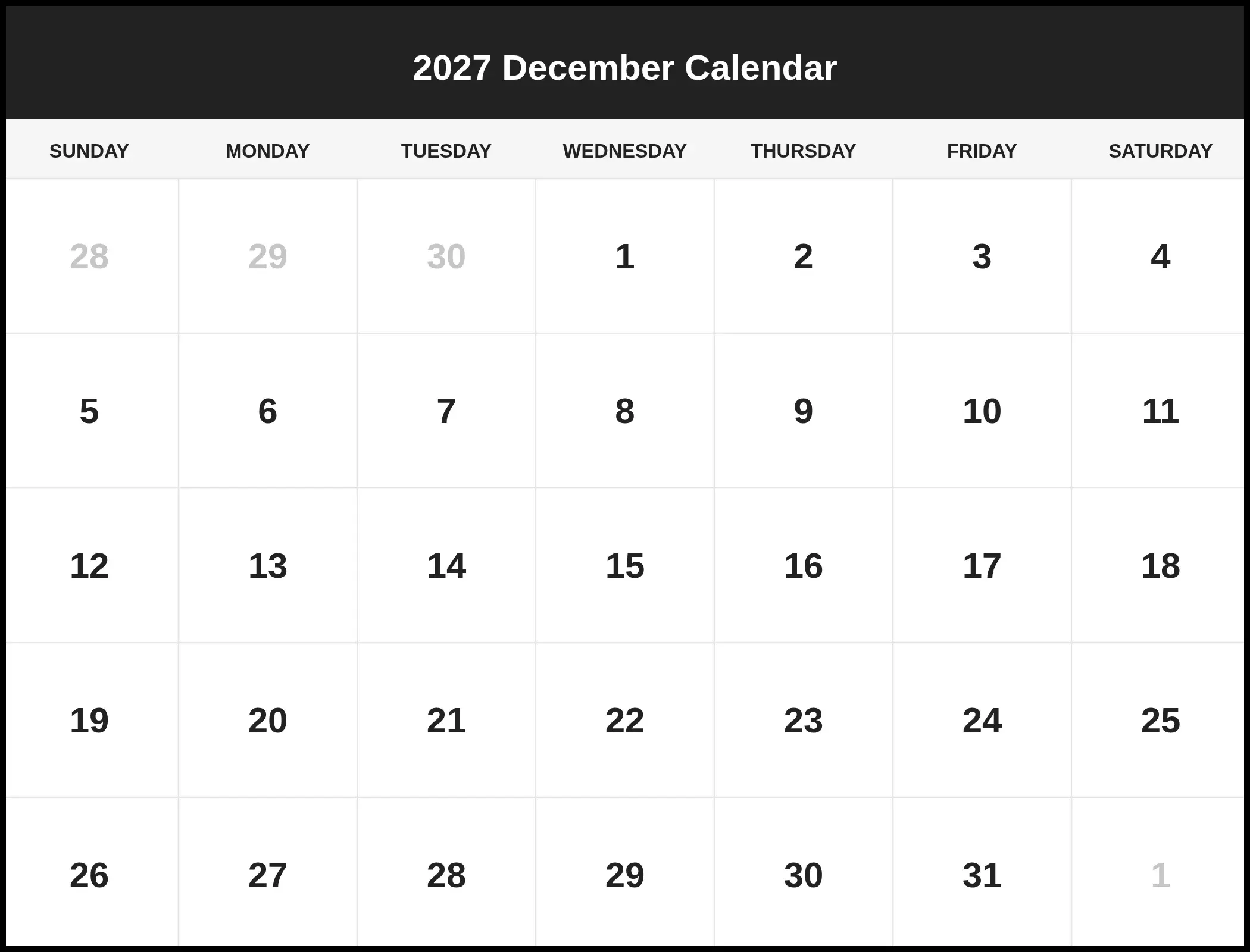 2027 December Calendar Pdf 2027 December Calendar Pdf