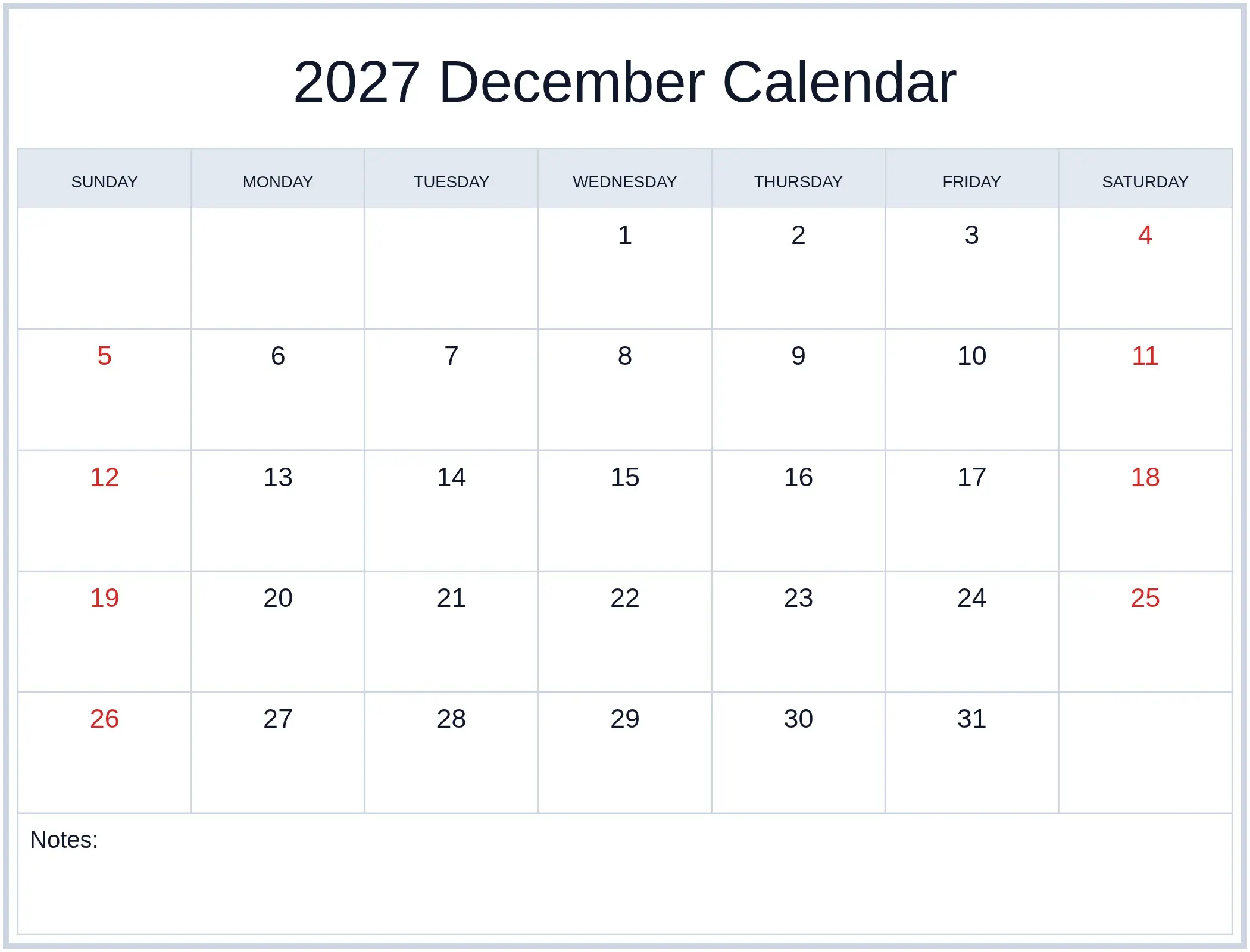 2027 December Calendar with Notes Bottom Landscape 2027 December Calendar with Notes Bottom Landscape
