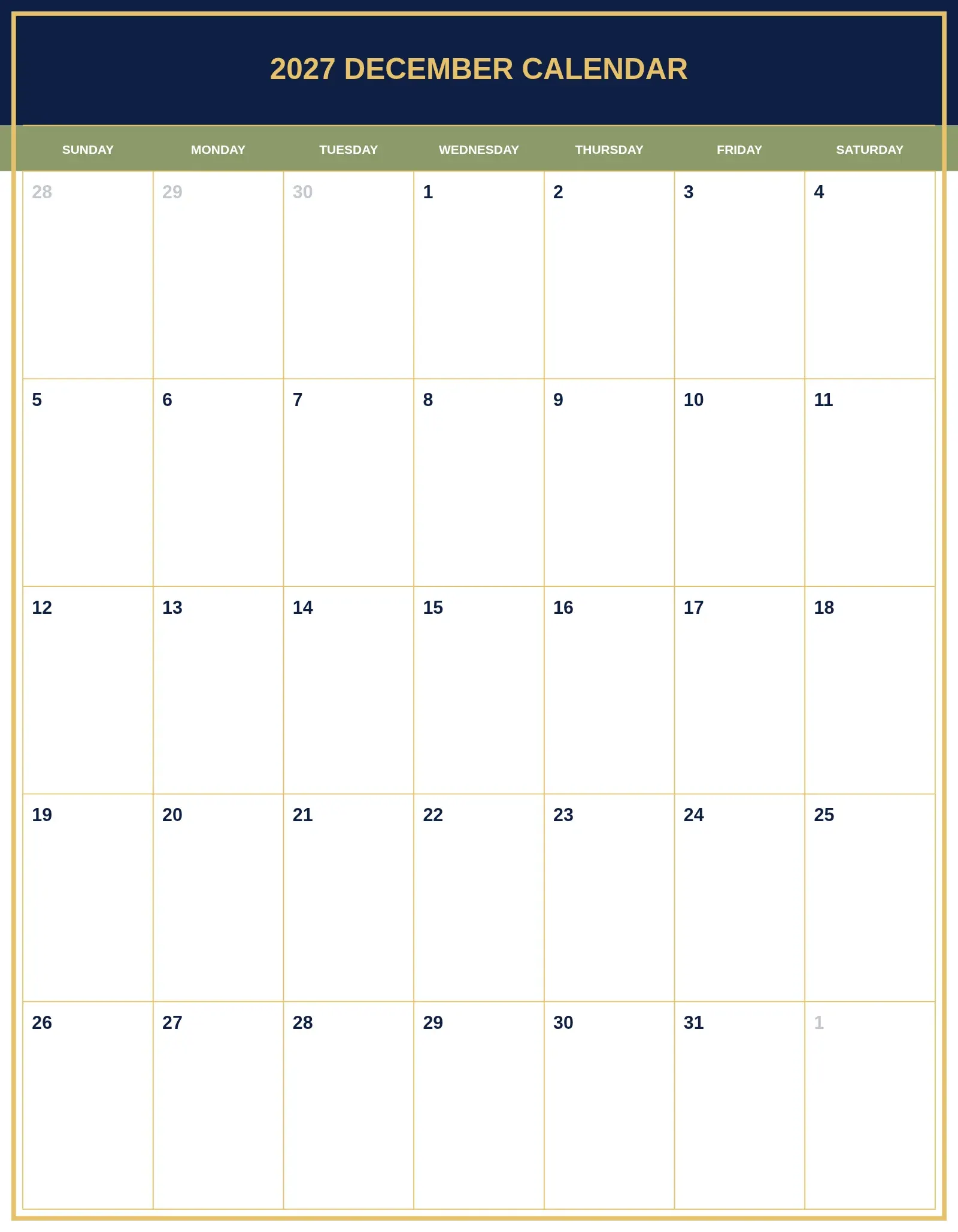 2027 December Calendar With Portrait Template