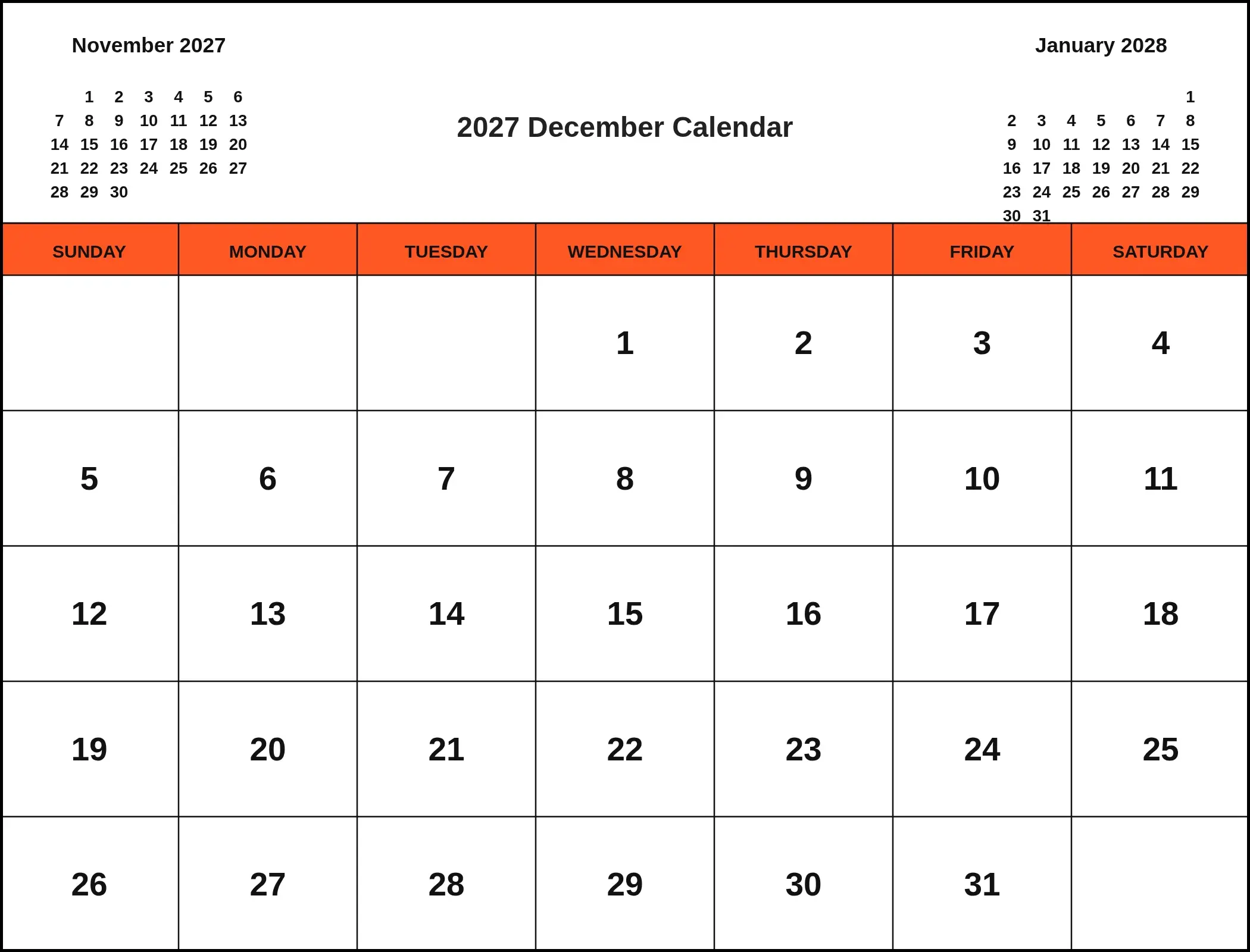 2027 December Calendar With Three Month View 2027 December Calendar With Three Month View