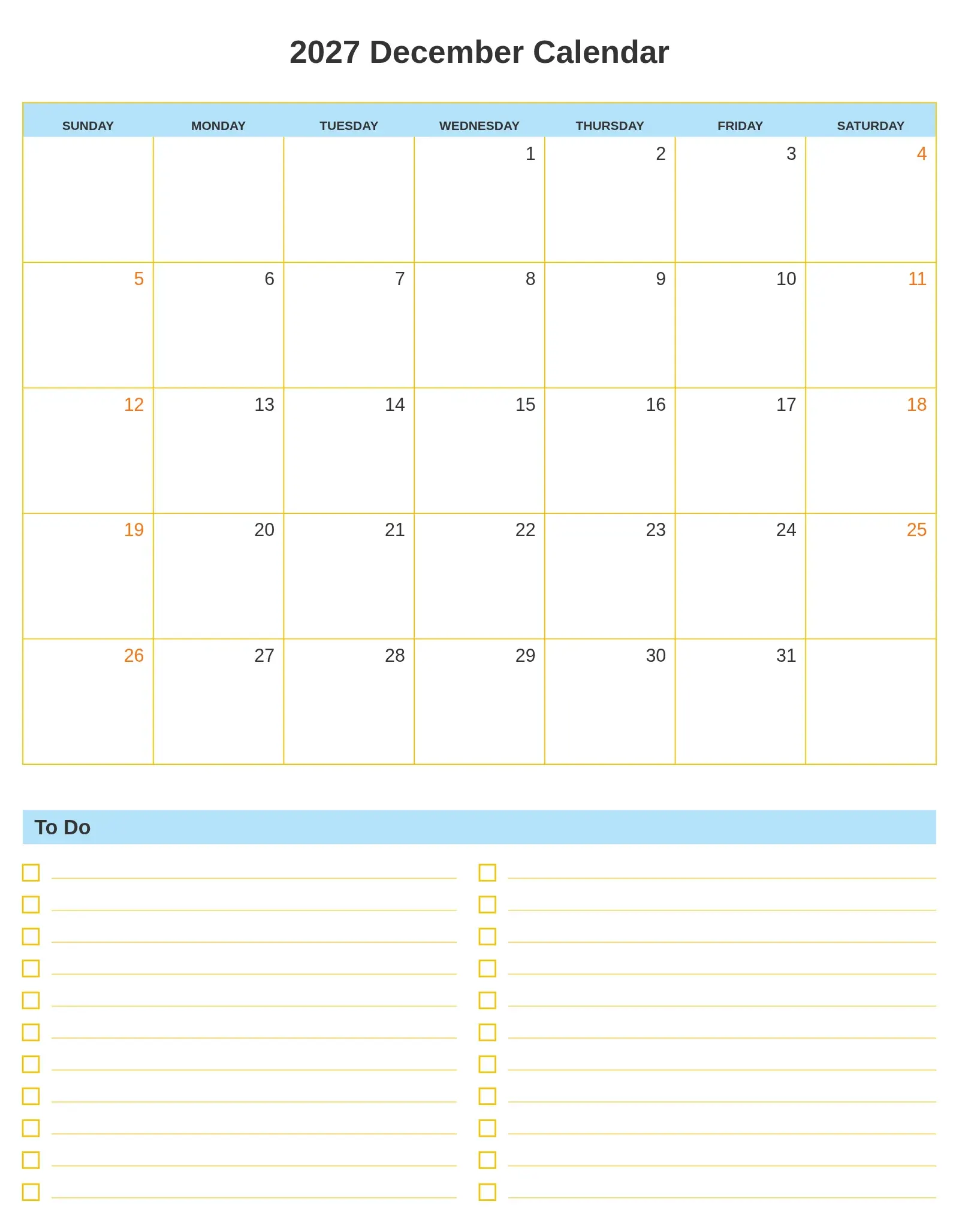 2027 December Calendar With To Do List Bottom Portrait