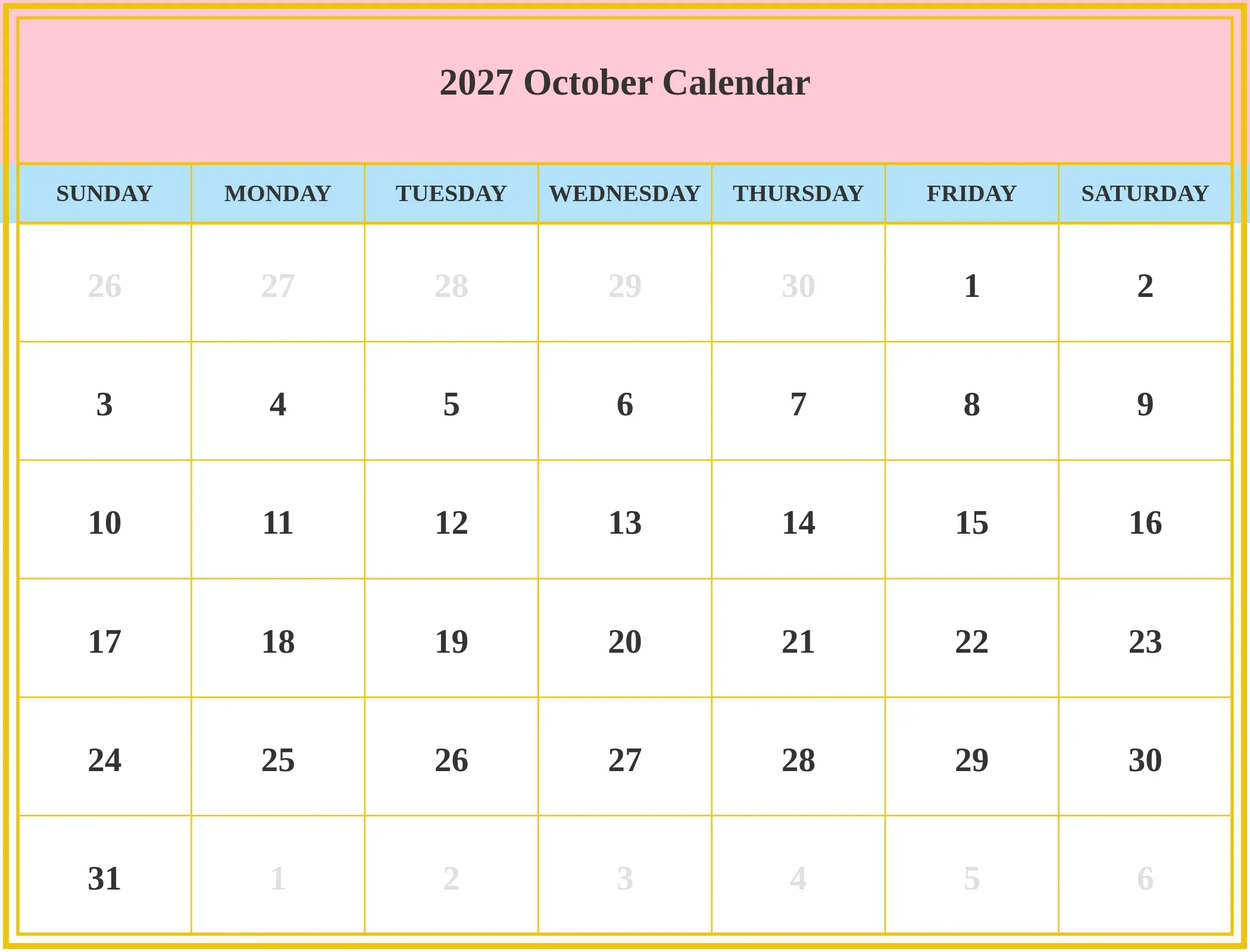 2027 October Calendar Download Landscape 2027 October Calendar Download Landscape