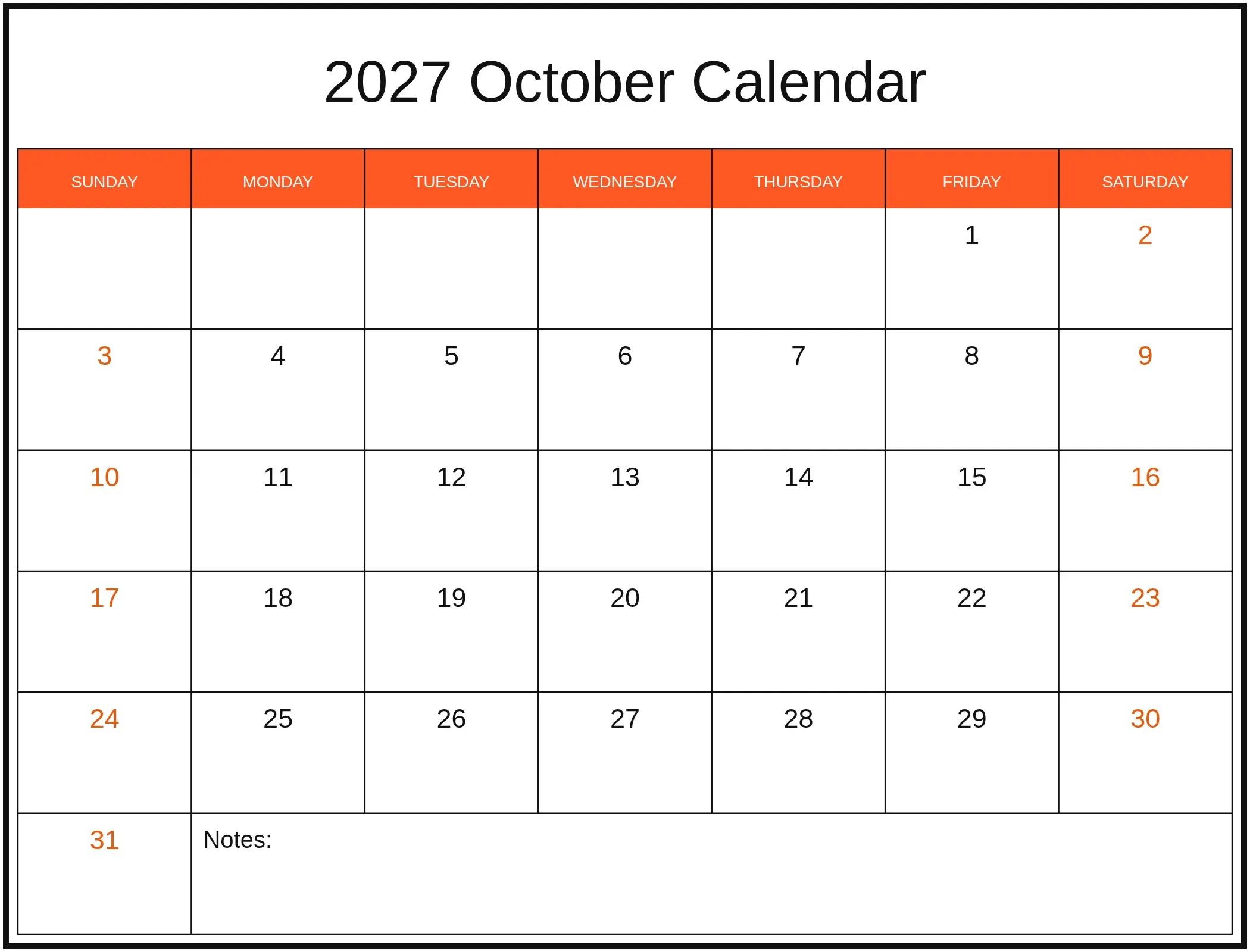 2027 October Calendar with Notes Bottom Landscape 2027 October Calendar with Notes Bottom Landscape