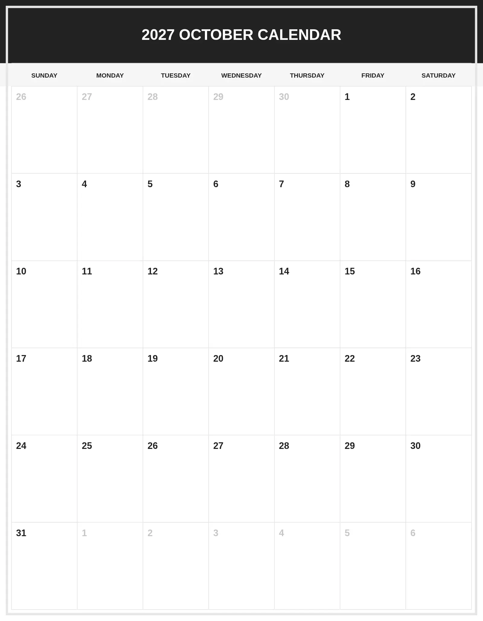 2027 October Calendar With Portrait Template