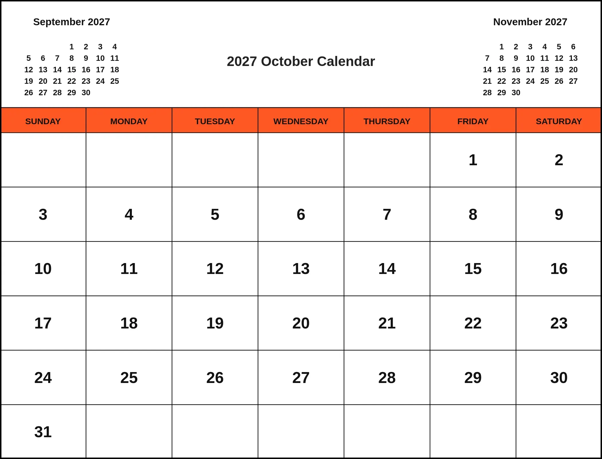 2027 October Calendar With Three Month View 2027 October Calendar With Three Month View
