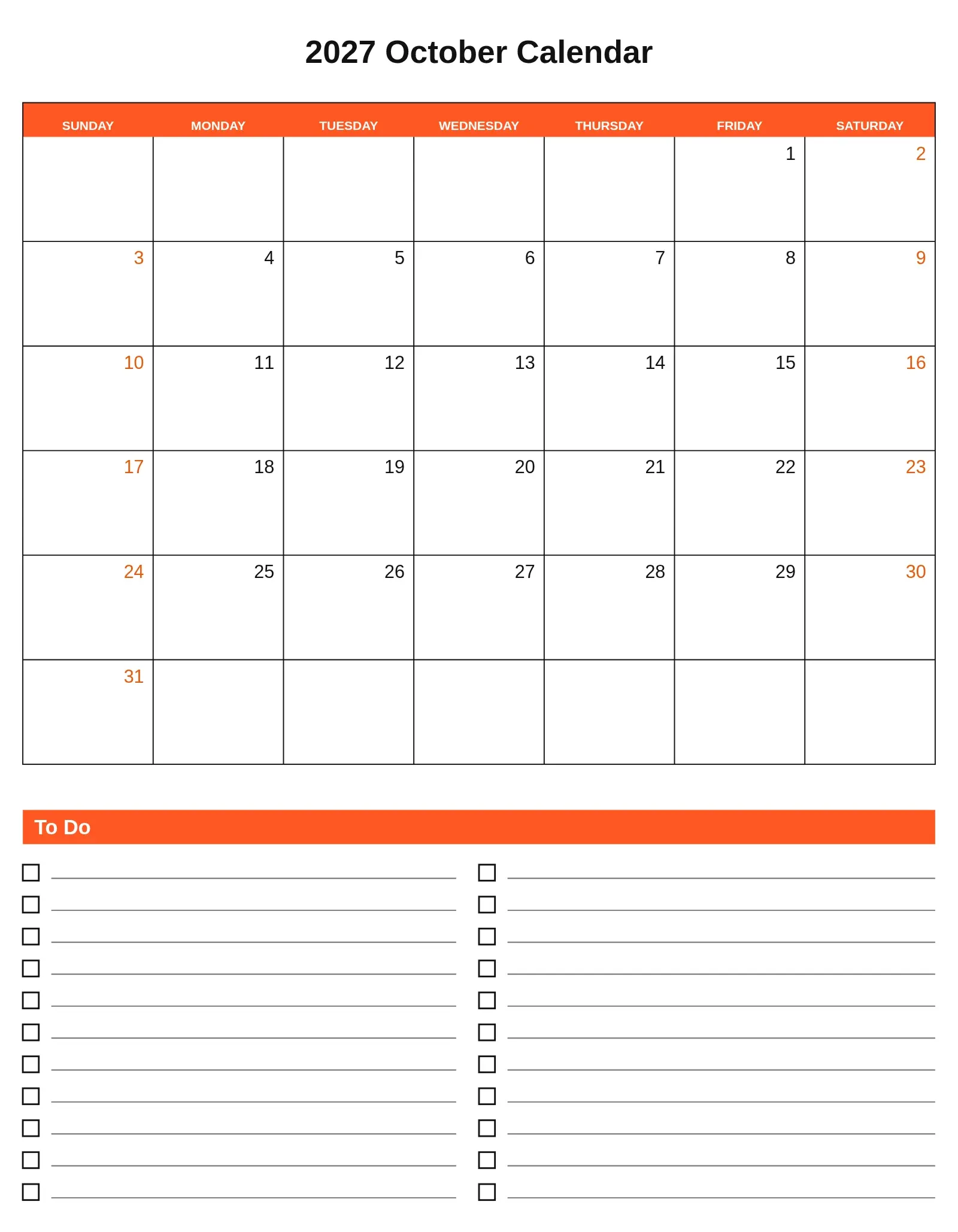 2027 October Calendar With To Do List Bottom Portrait 2027 October Calendar With To Do List Bottom Portrait
