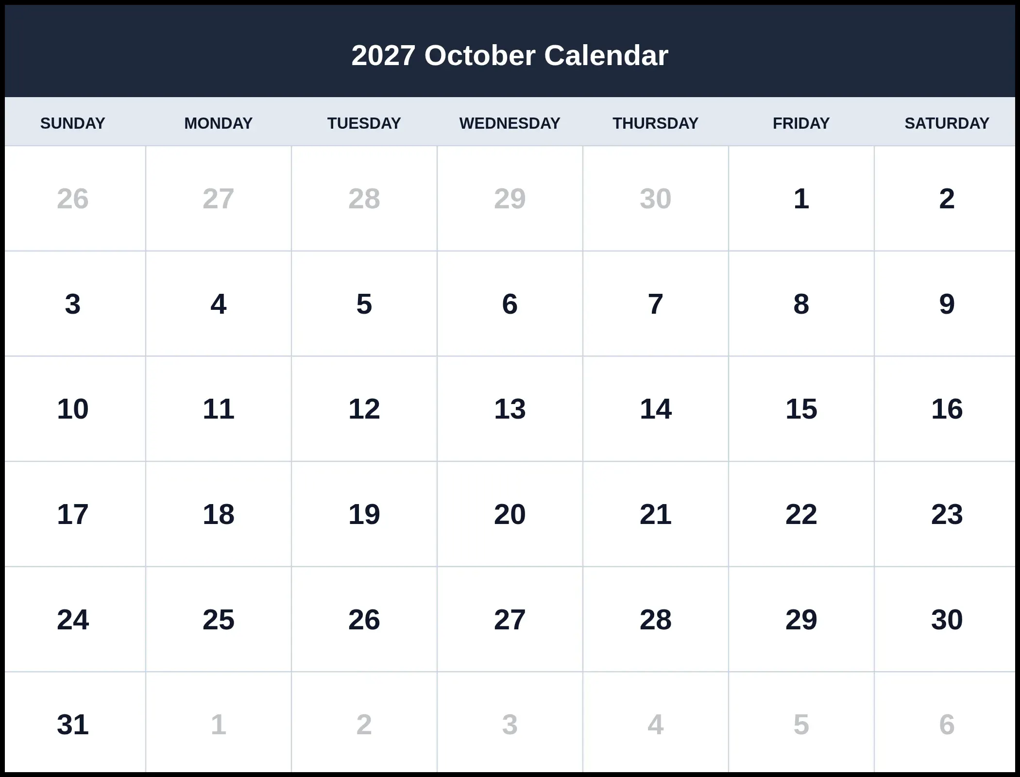 2027 October Calendar 2027 October Calendar