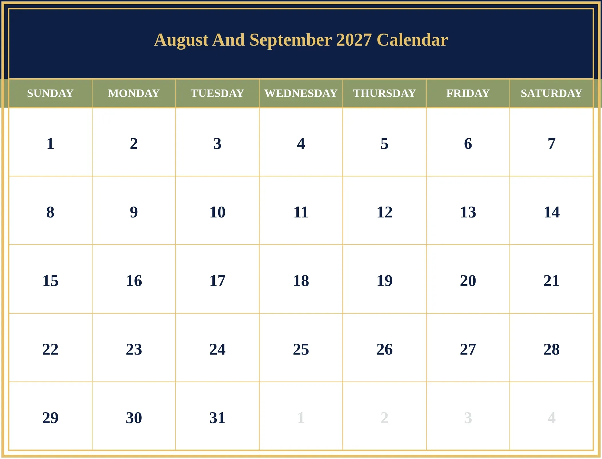 August And September 2027 Calendar Download Landscape