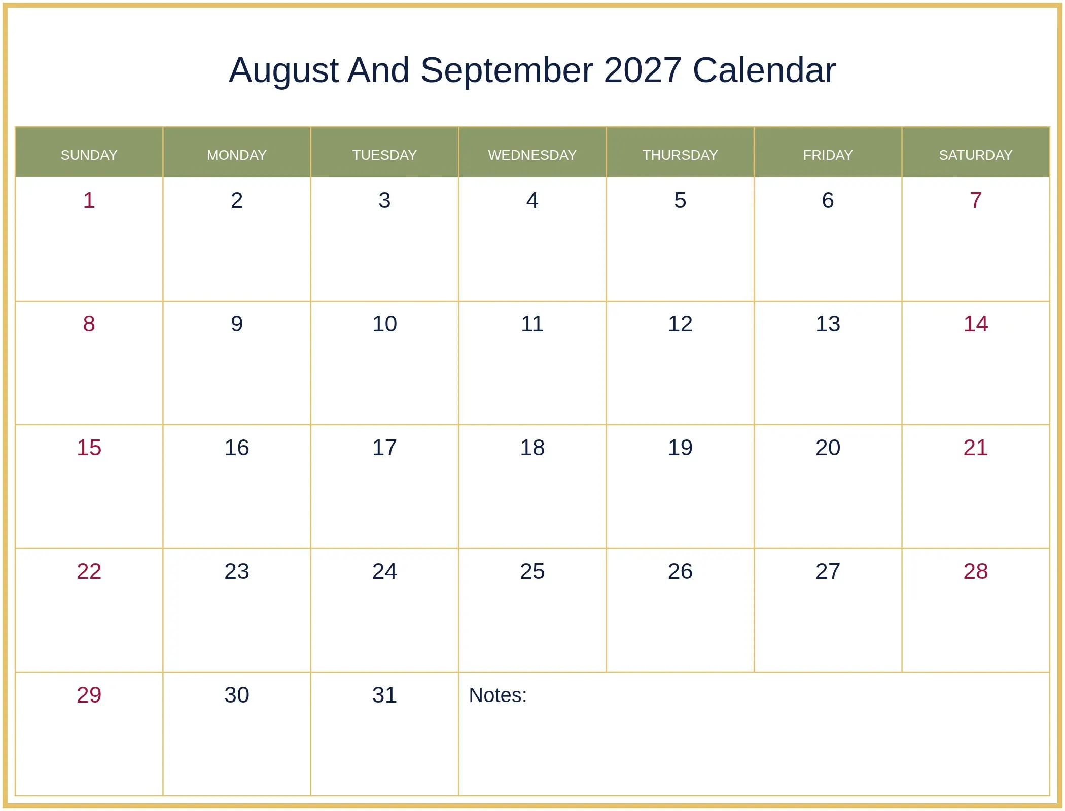 August And September 2027 Calendar with Notes Bottom Landscape