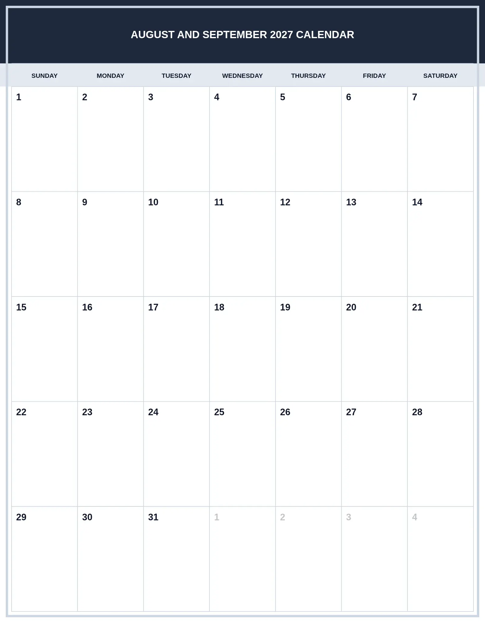 August And September 2027 Calendar With Portrait Template August And September 2027 Calendar With Portrait Template