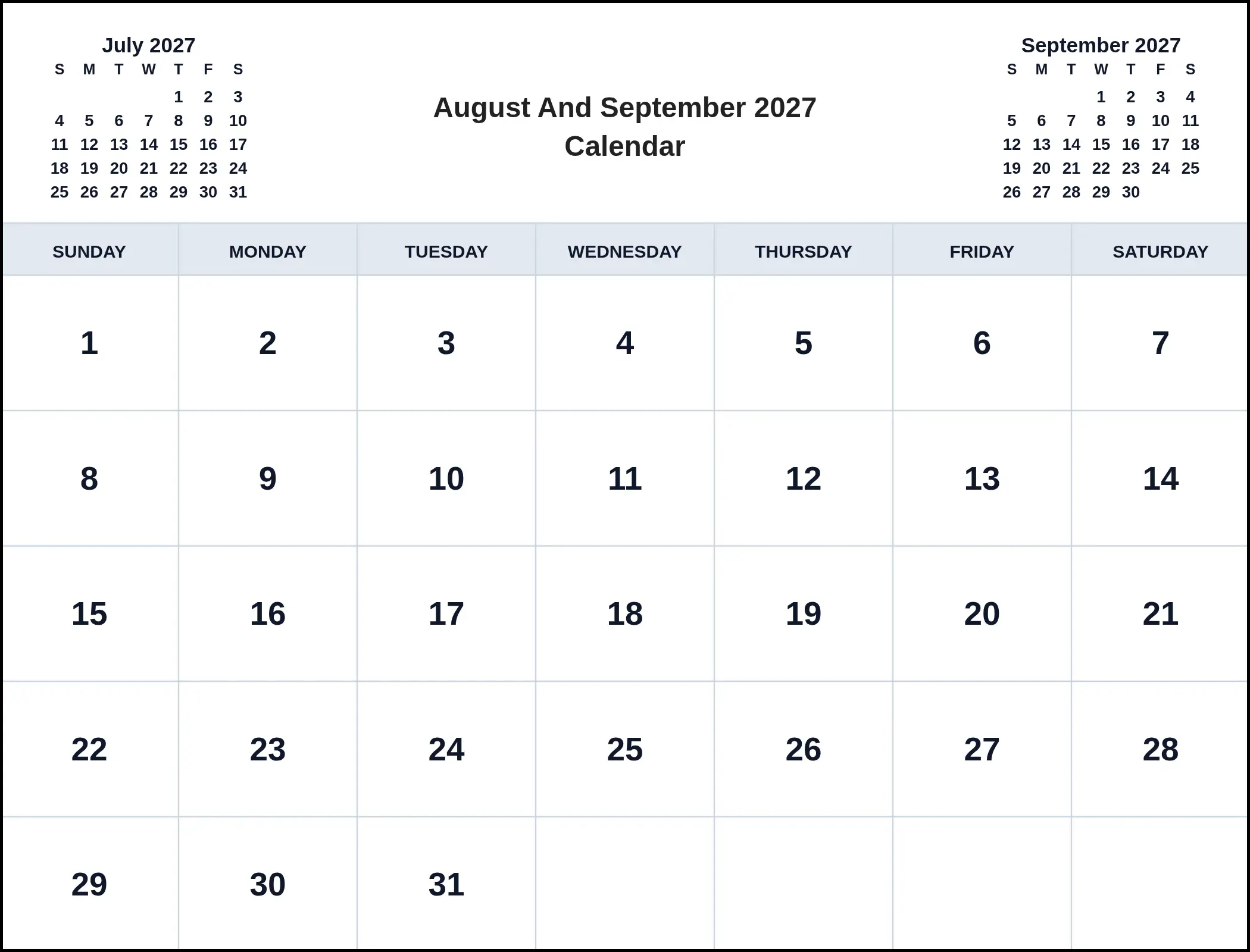 August And September 2027 Calendar With Three Month View