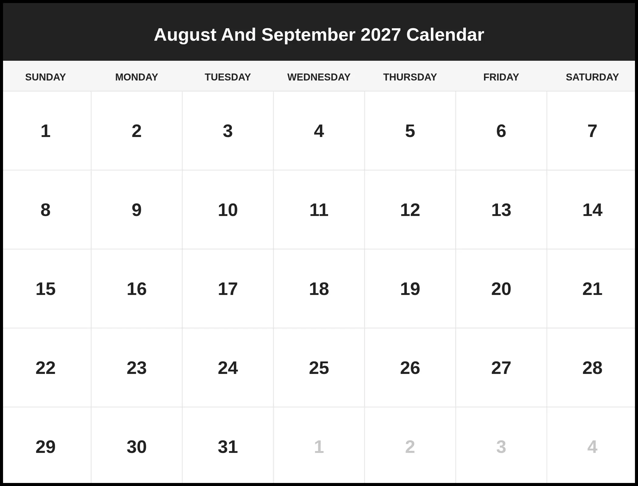 August And September 2027 Calendar