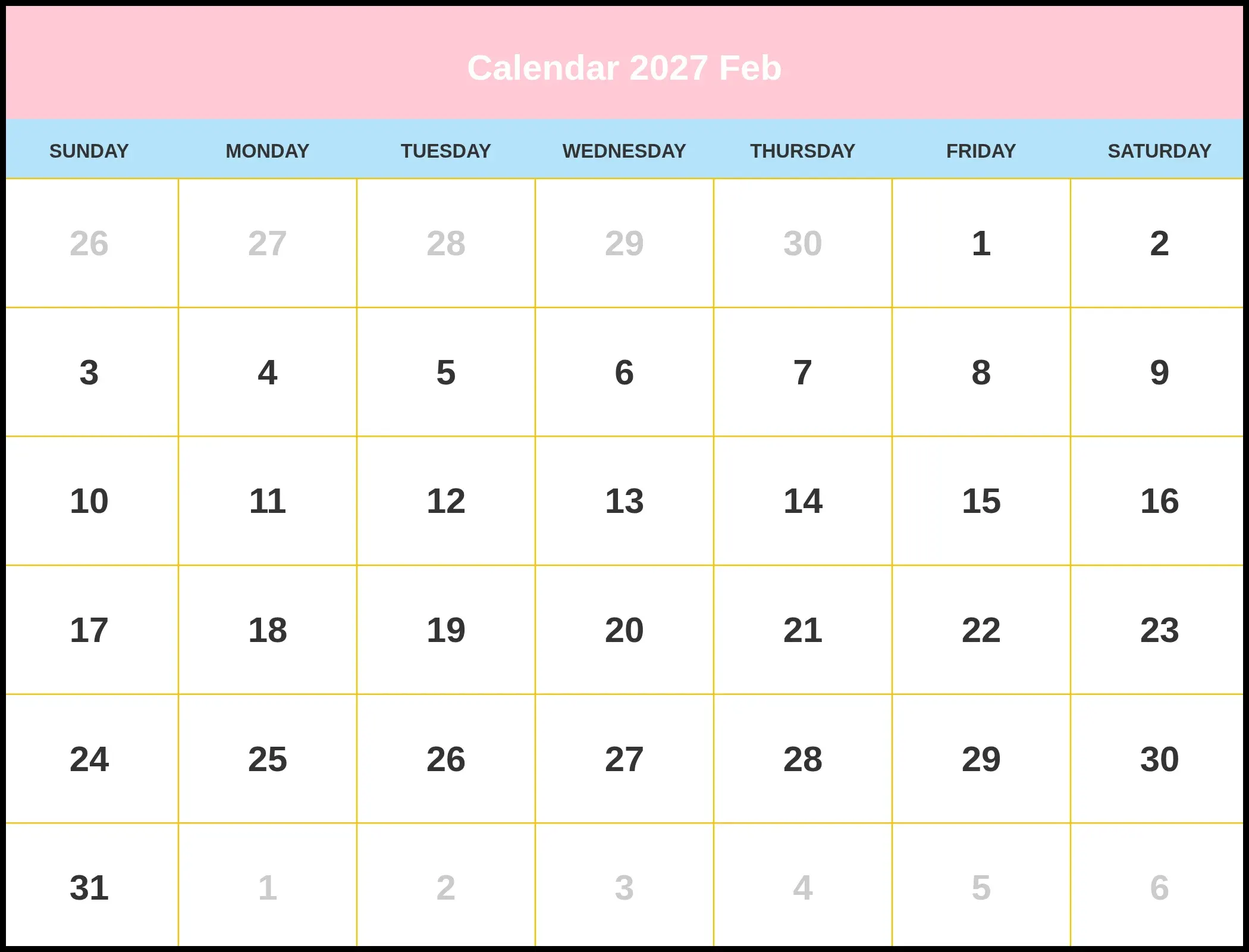 Calendar 2027 Feb
