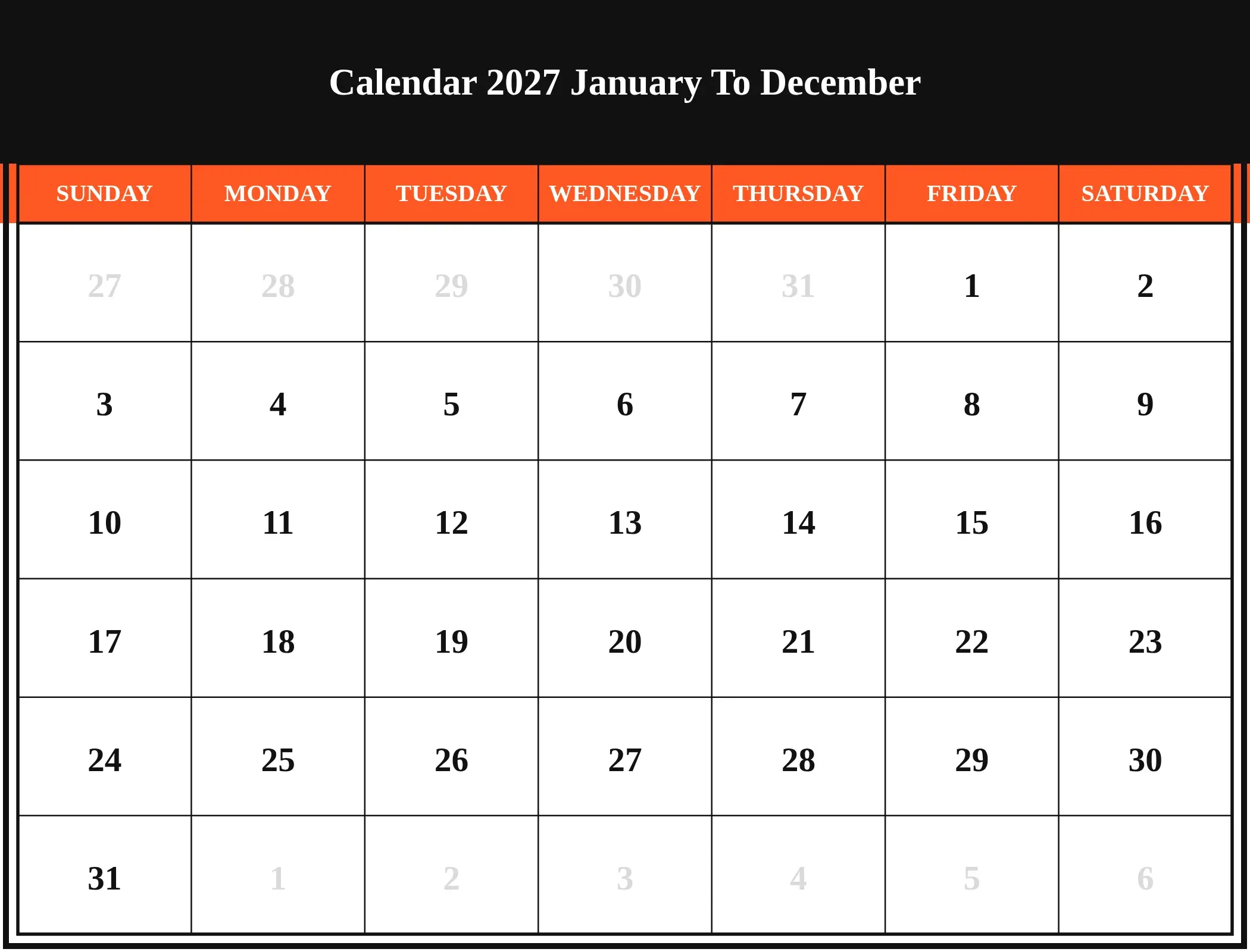 Calendar 2027 January To December Download Landscape