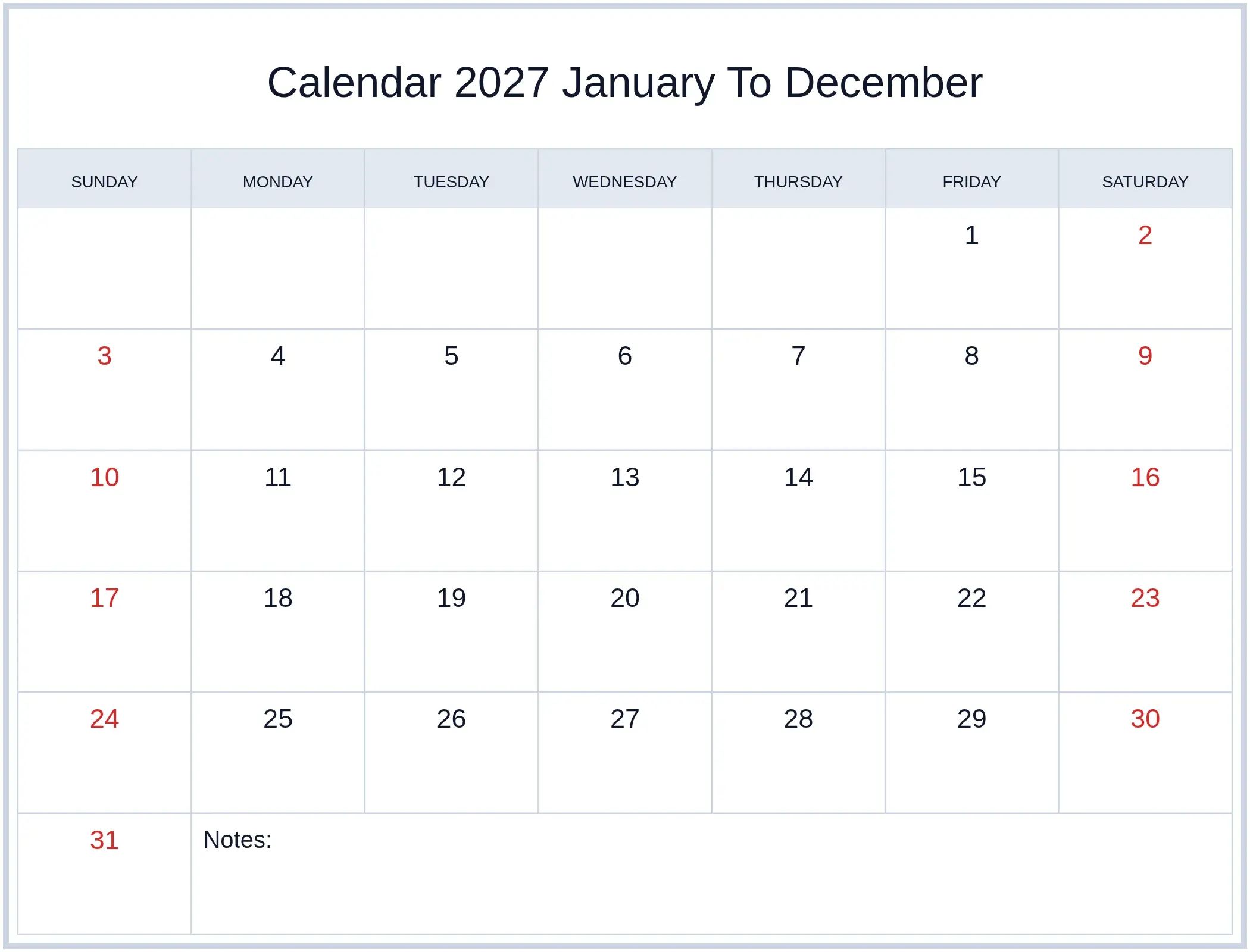 Calendar 2027 January To December with Notes Bottom Landscape