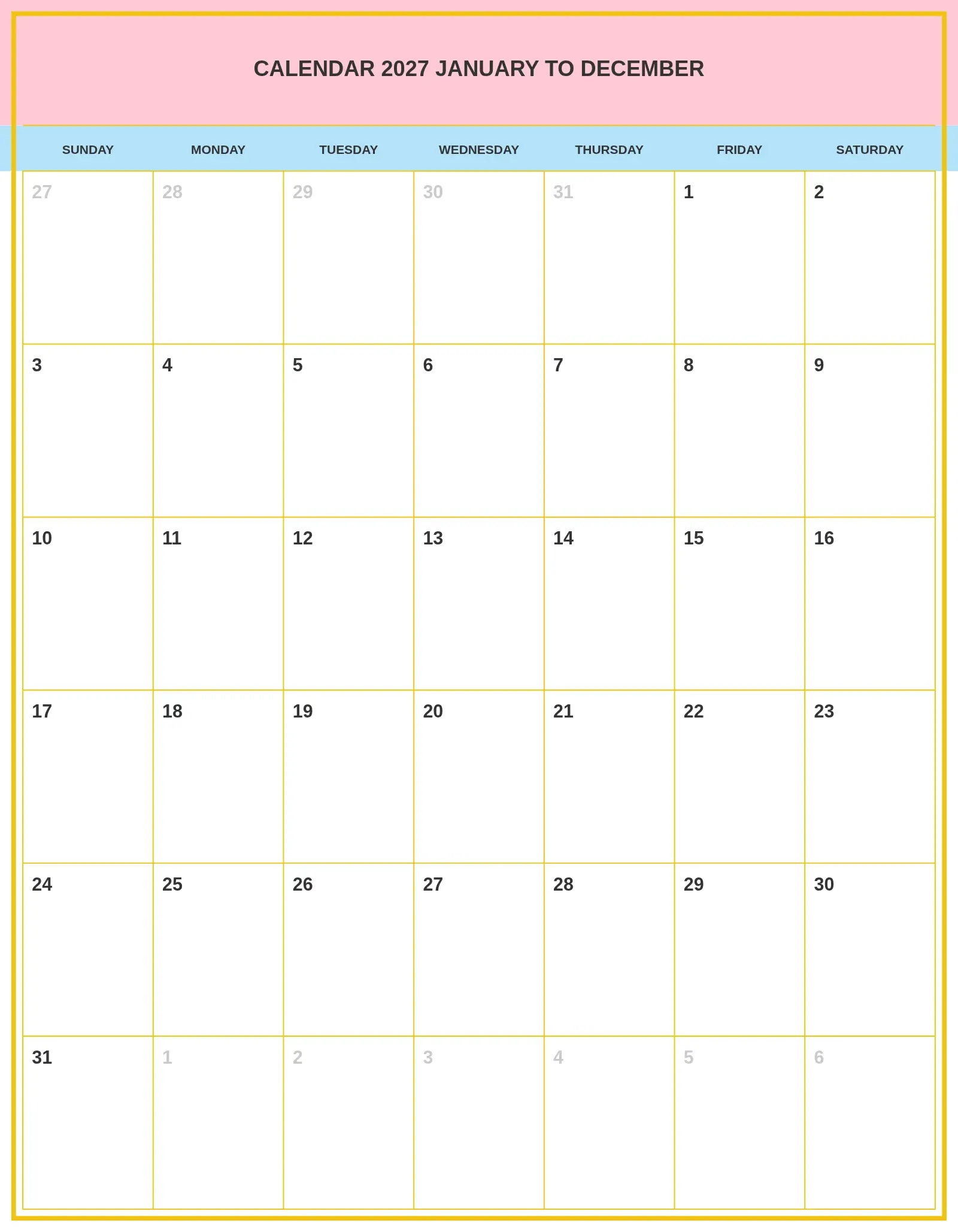 Calendar 2027 January To December With Portrait Template