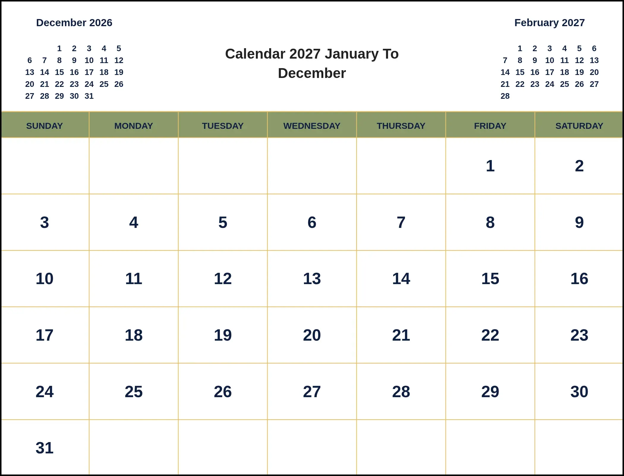 Calendar 2027 January To December With Three Month View