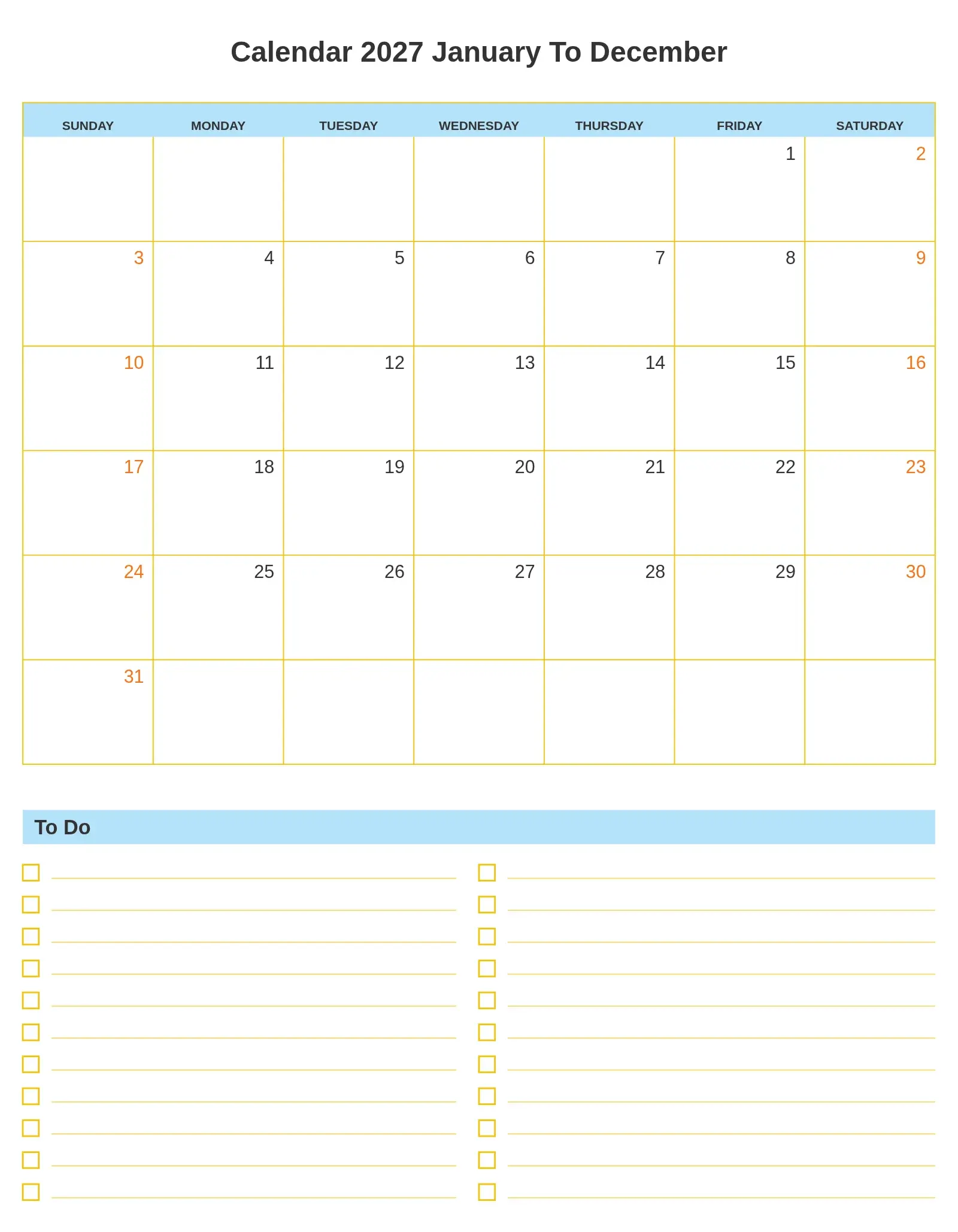 Calendar 2027 January To December With To Do List Bottom Portrait