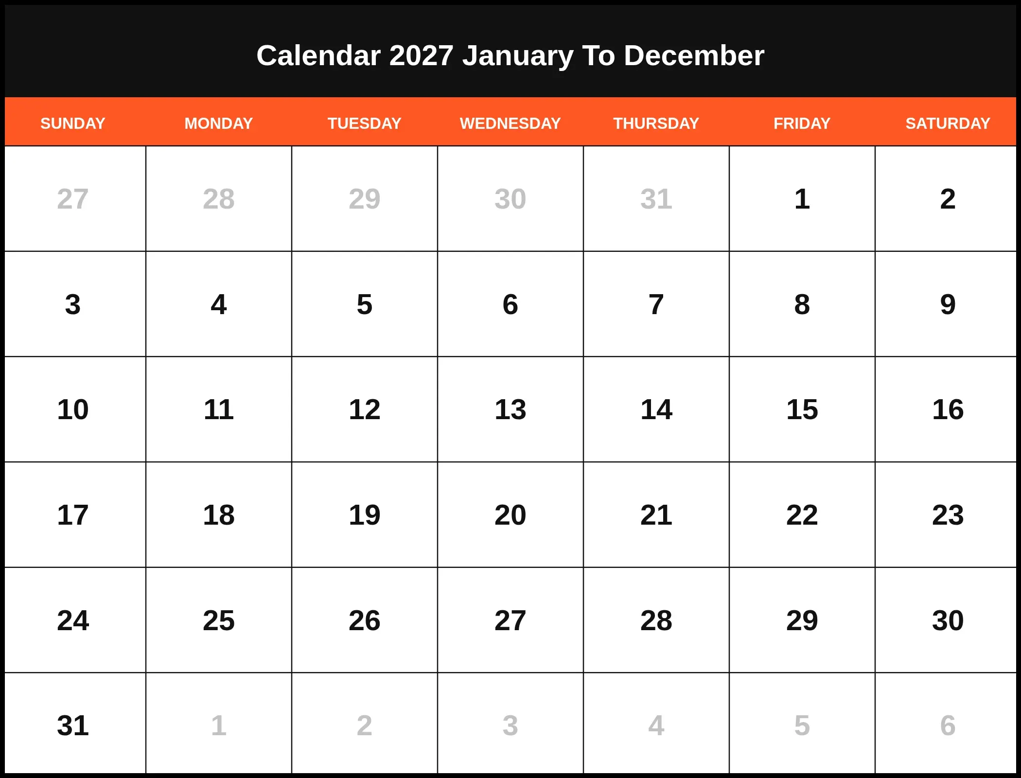 Calendar 2027 January To December Calendar 2027 January To December