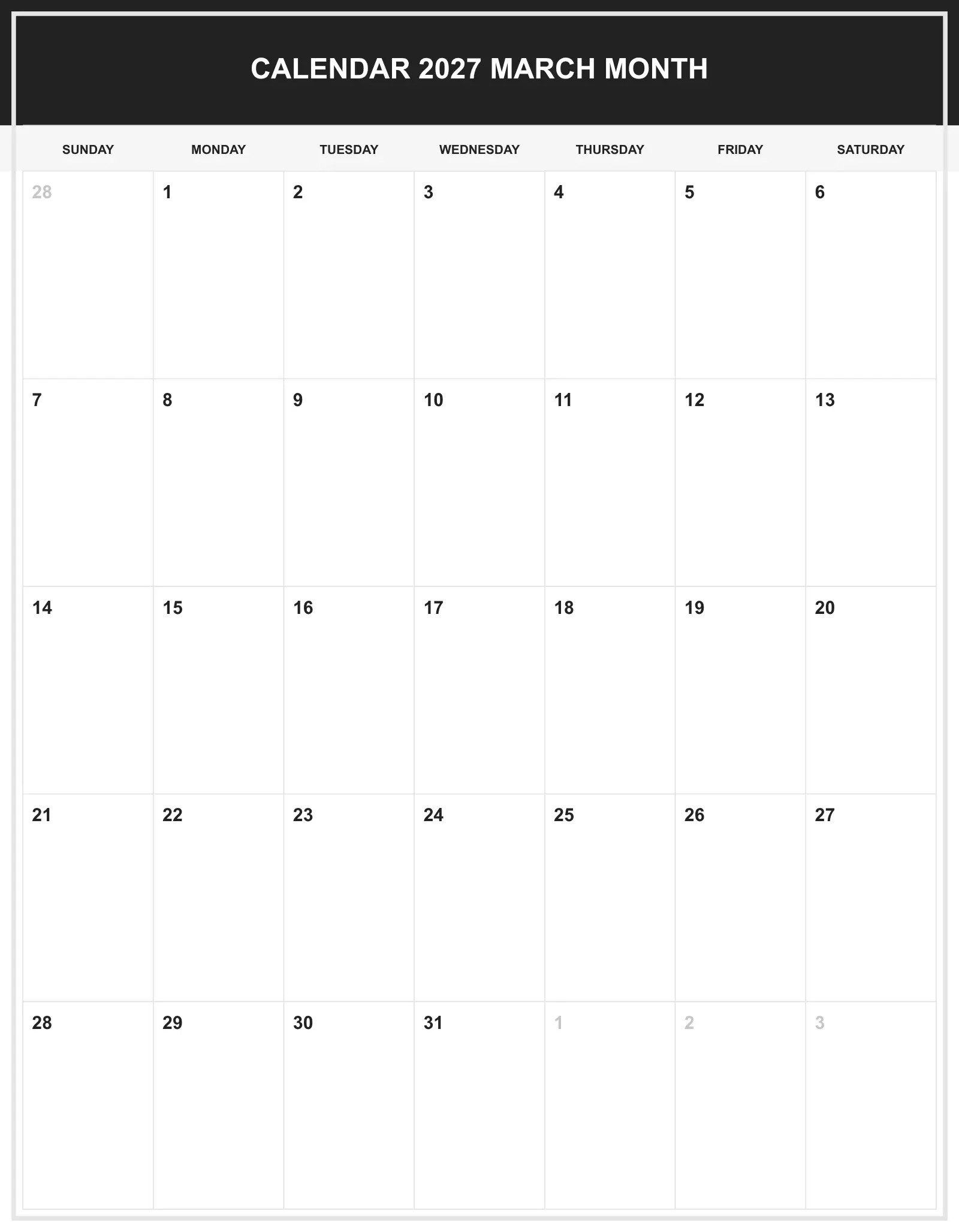 Calendar 2027 March Month With Portrait Template Calendar 2027 March Month With Portrait Template