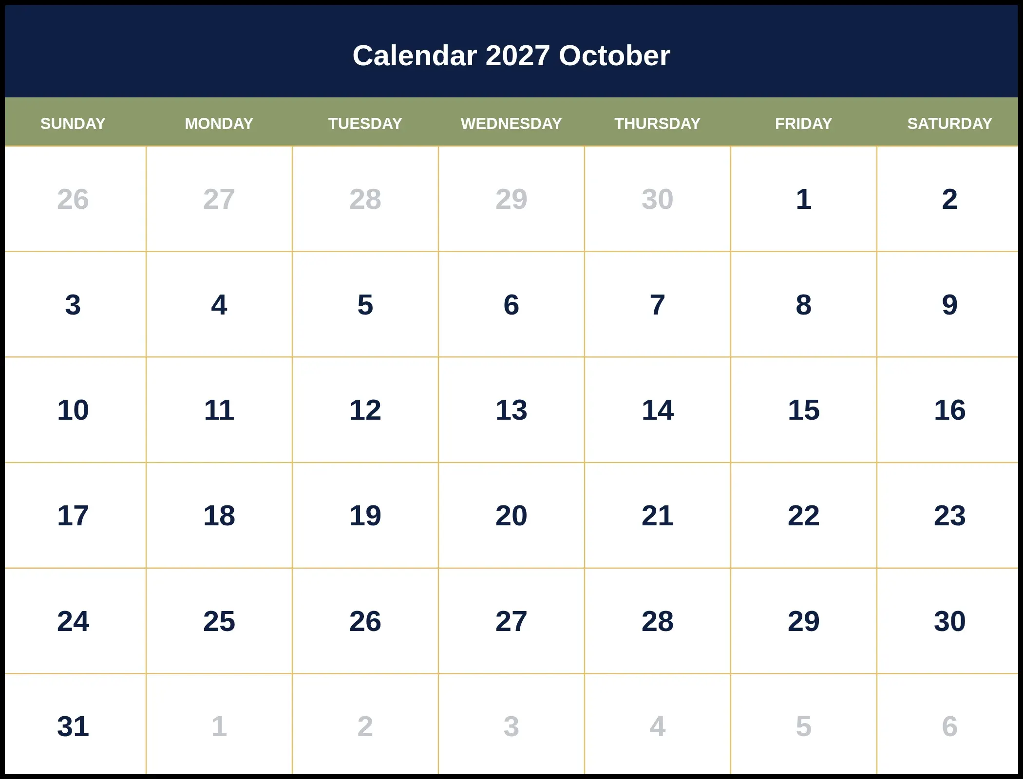 Calendar 2027 October