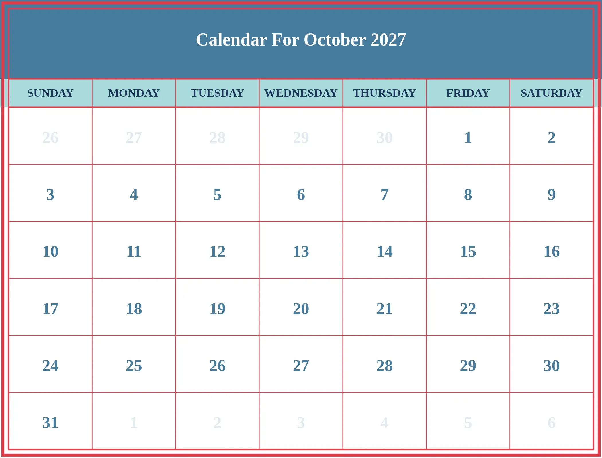 Calendar For October 2027 Download Landscape Calendar For October 2027 Download Landscape