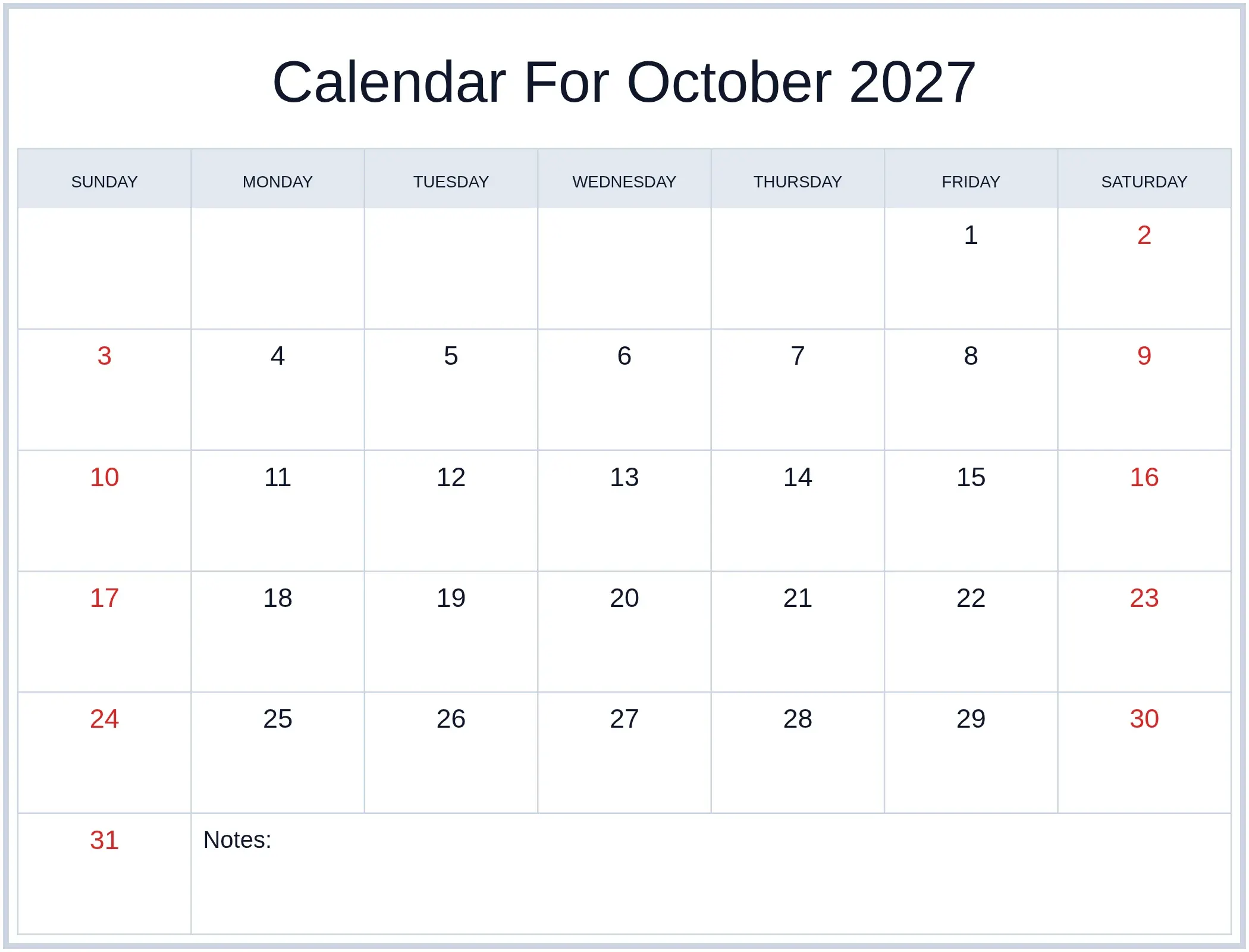 Calendar For October 2027 with Notes Bottom Landscape