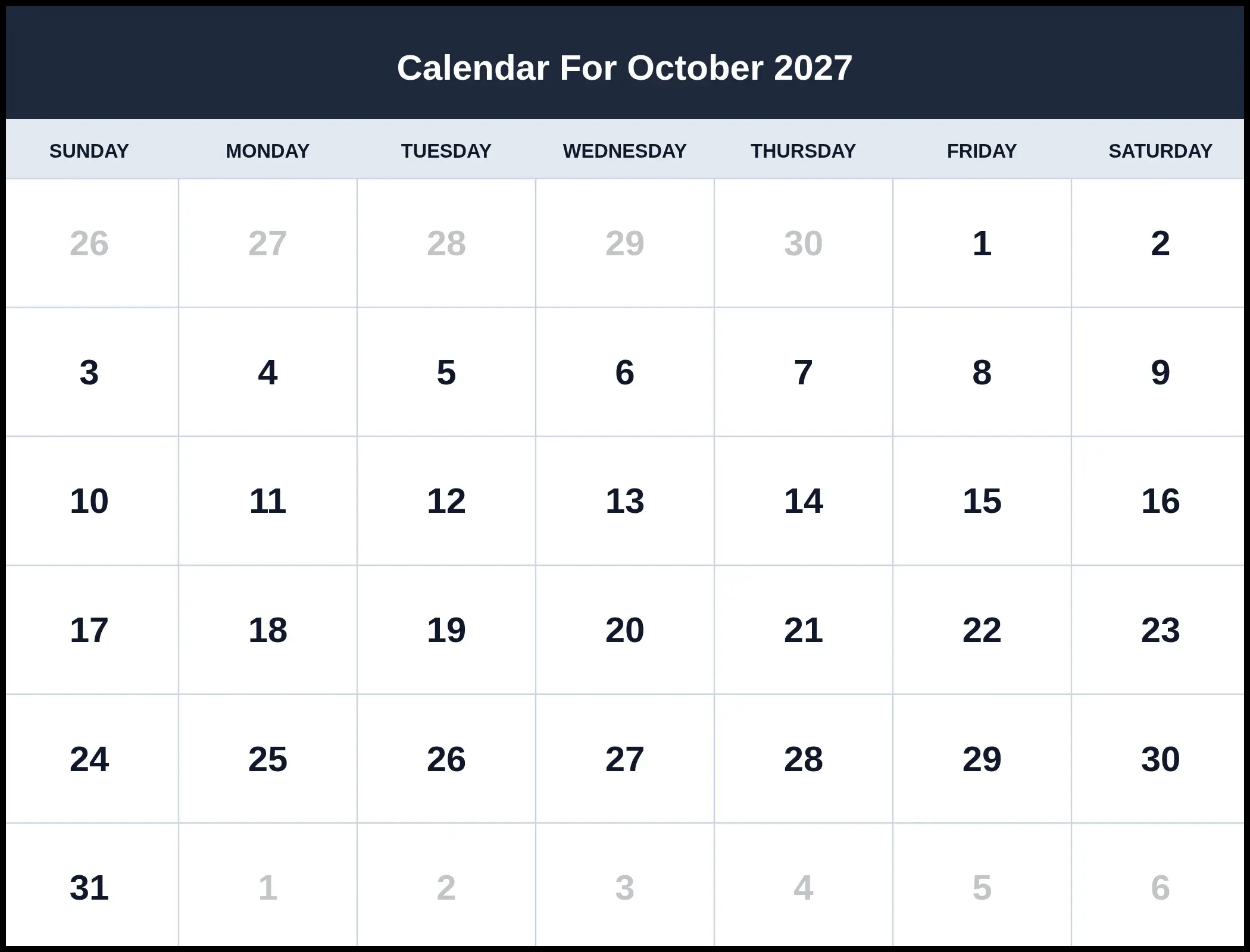 Calendar For October 2027