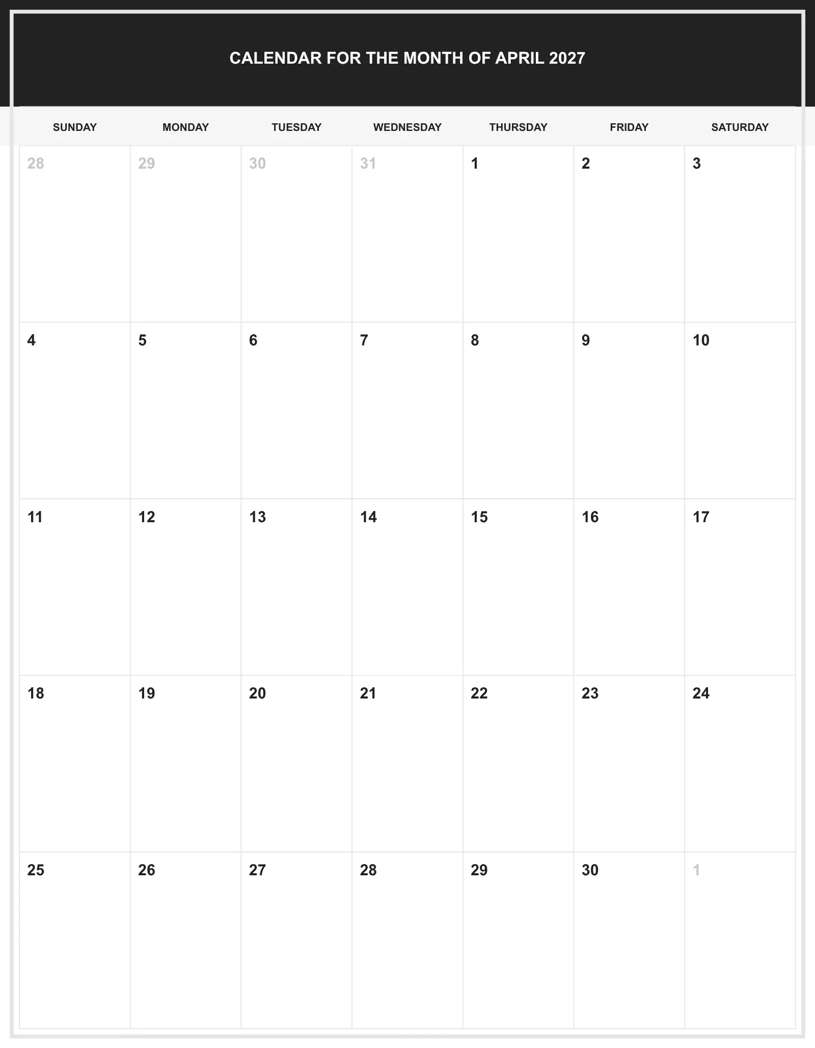Calendar For The Month Of April 2027 With Portrait Template Calendar For The Month Of April 2027 With Portrait Template