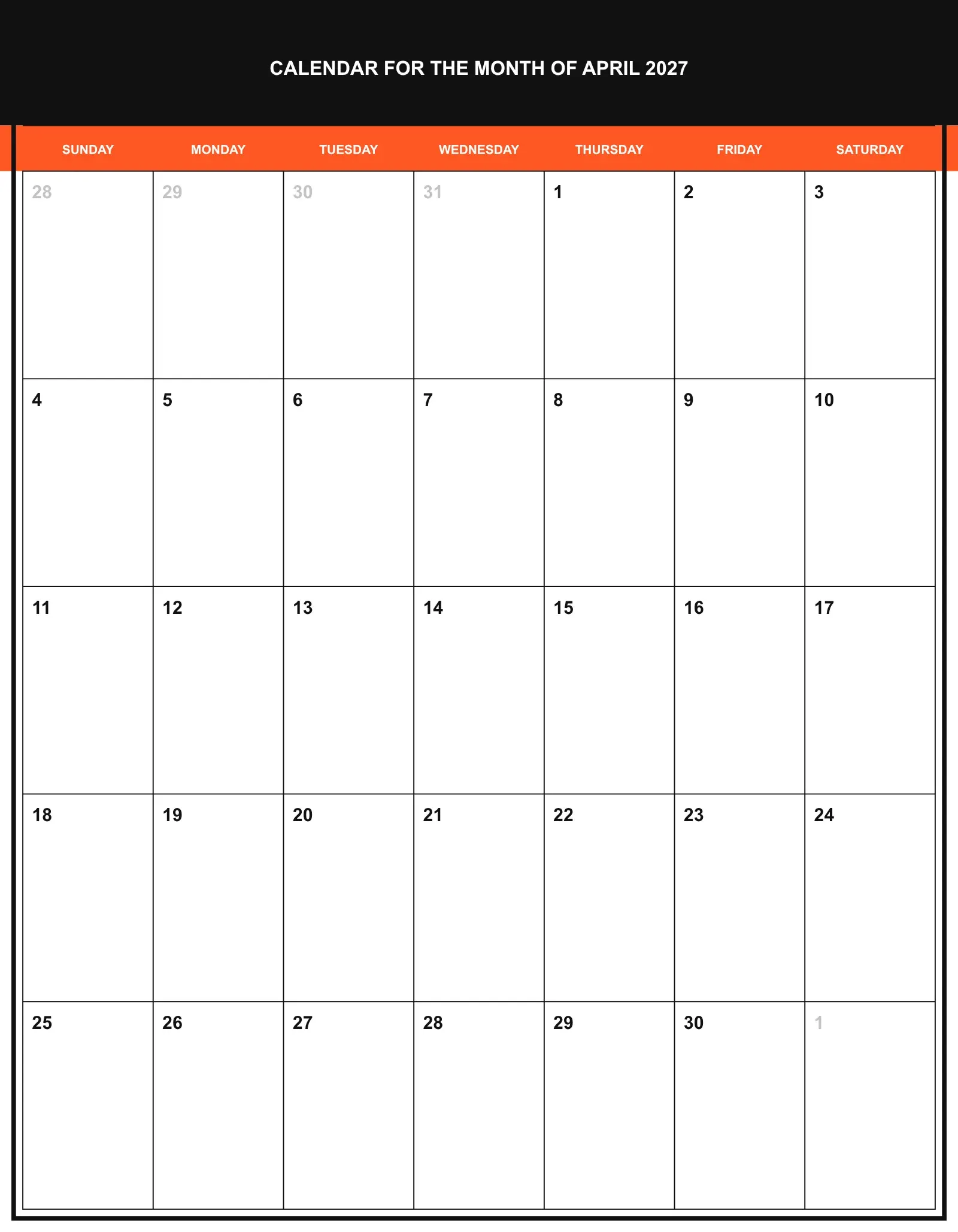 Calendar For The Month Of April 2027 With Portrait Template