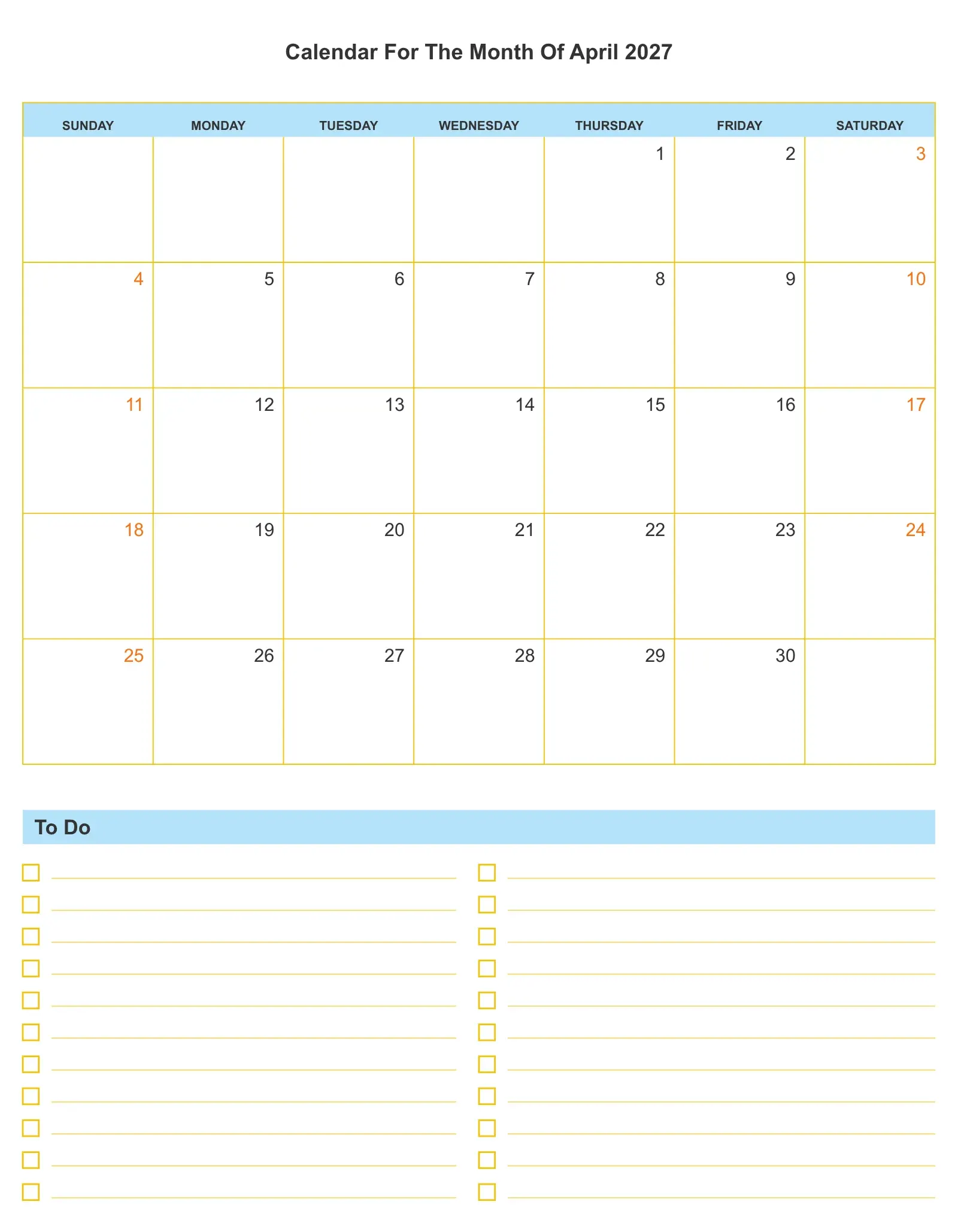 Calendar For The Month Of April 2027 With To Do List Bottom Portrait Calendar For The Month Of April 2027 With To Do List Bottom Portrait