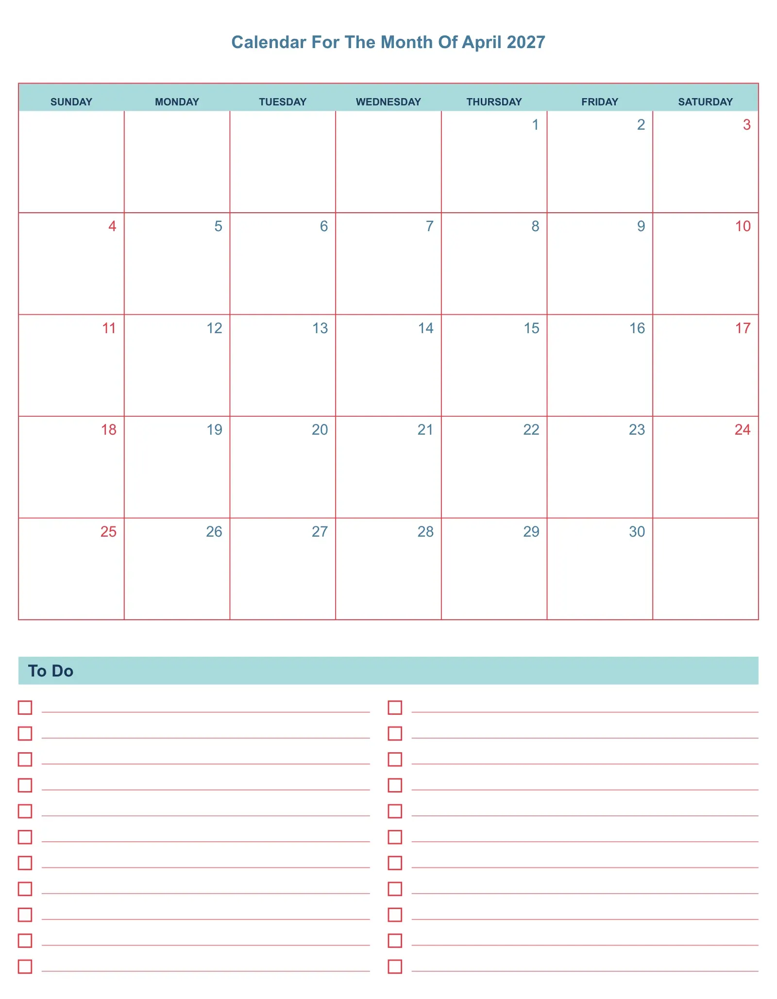 Calendar For The Month Of April 2027 With To Do List Bottom Portrait