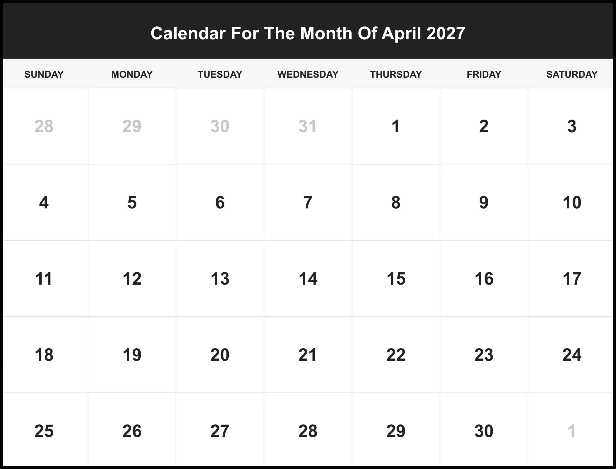 Calendar For The Month Of April 2027