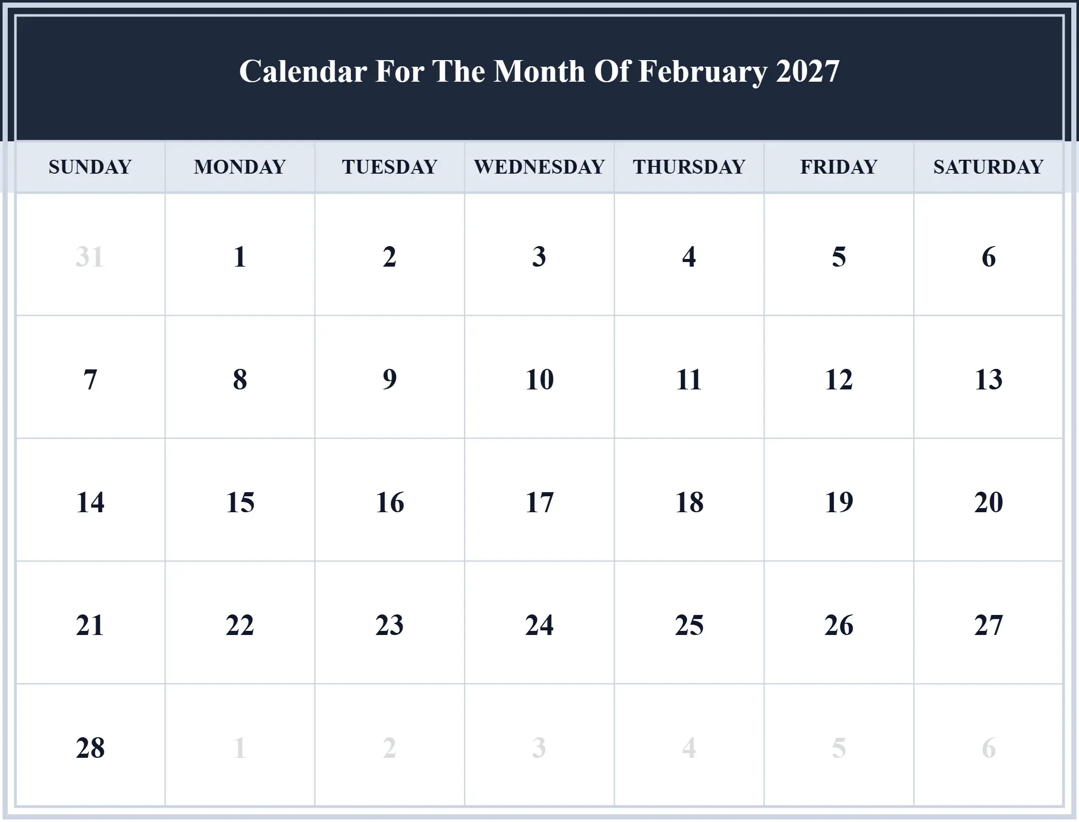 Calendar For The Month Of February 2027 Download Landscape