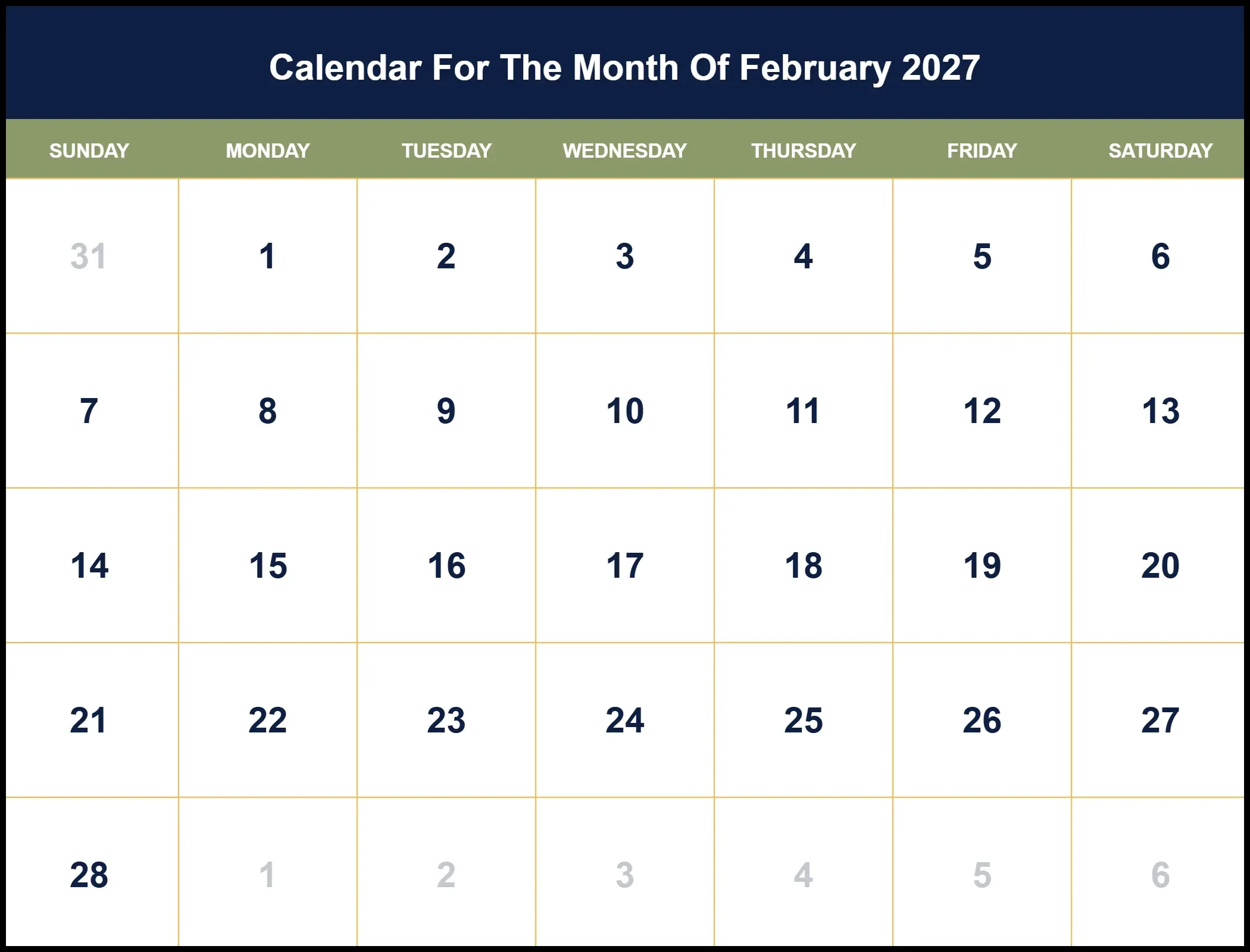 Calendar For The Month Of February 2027 Pdf