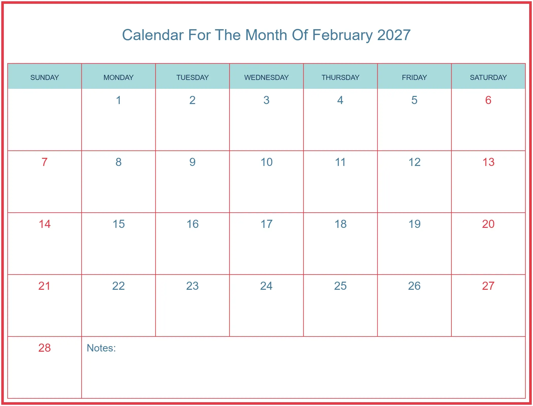 Calendar For The Month Of February 2027 with Notes Bottom Landscape