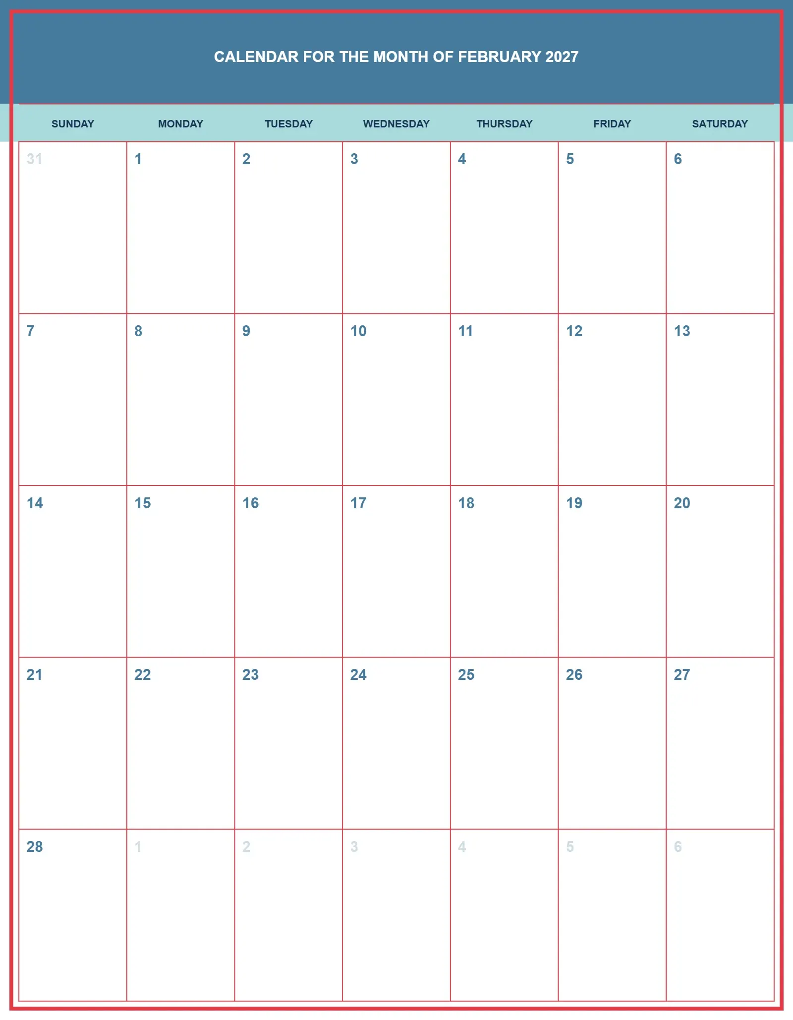 Calendar For The Month Of February 2027 With Portrait Template