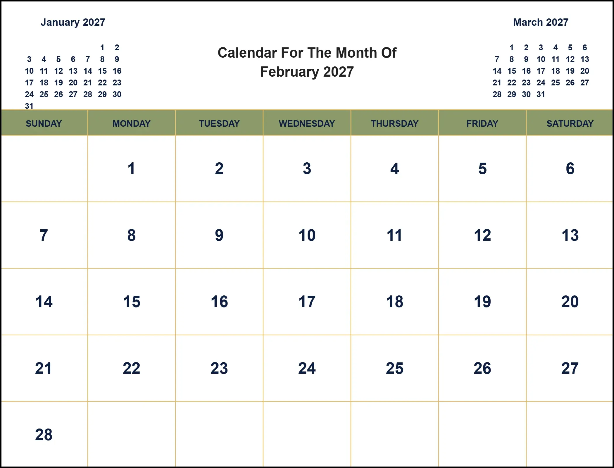 Calendar For The Month Of February 2027 With Three Month View Calendar For The Month Of February 2027 With Three Month View